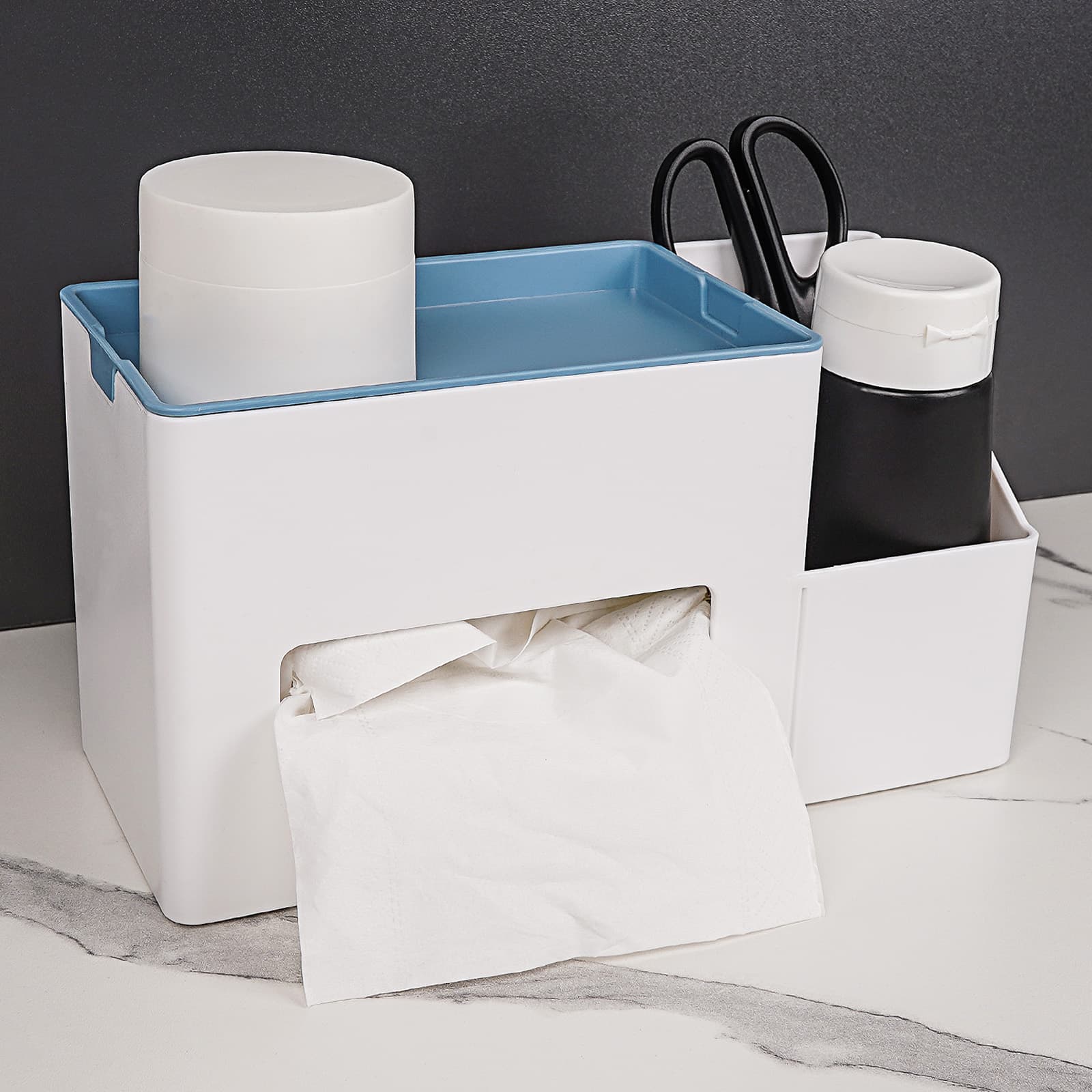 JANKOW Multi-Functional Tissue Box Holder, Organizer Paper Towel Holder, Multi-Functional Tissue Remote Control Holder for Living Room Vanity Night Stand Table Countertop Office (Blue) - 4