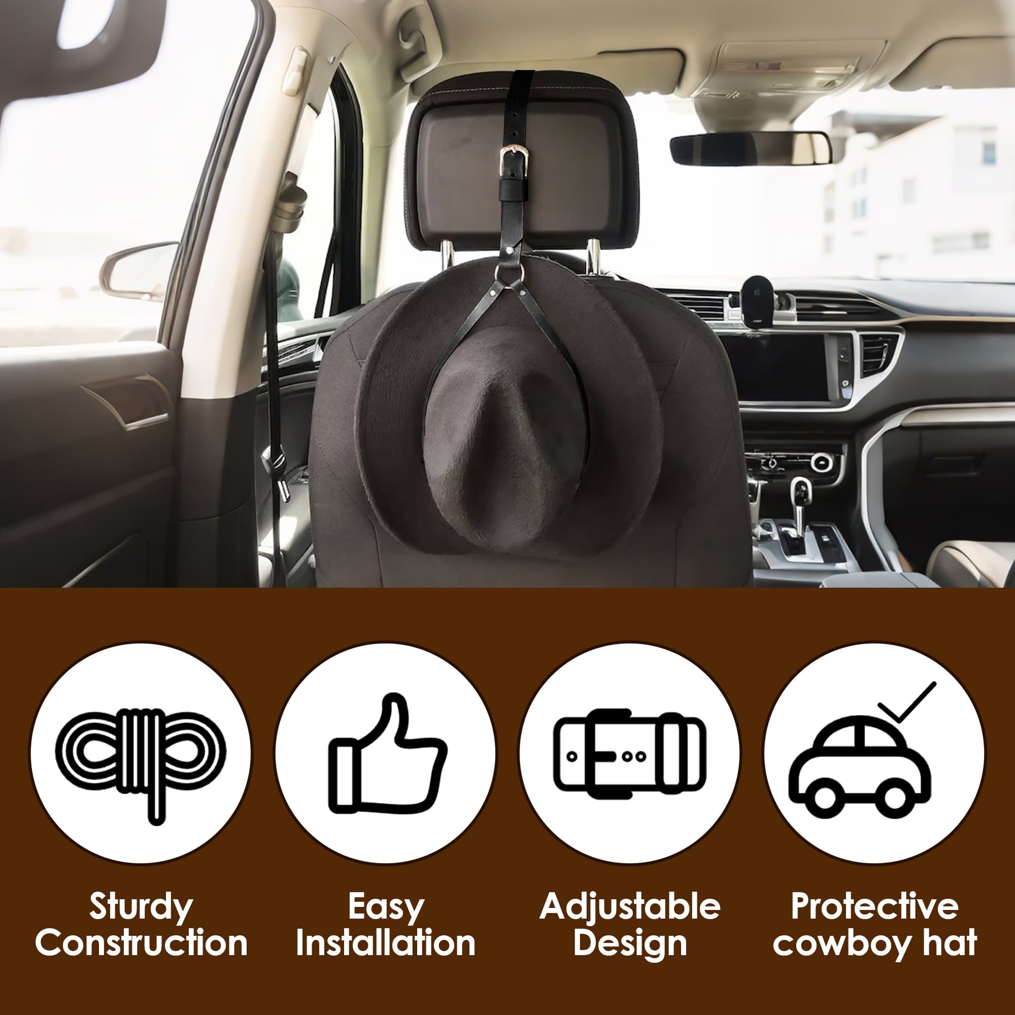 ReignSword Vegan Leather Cowboy Hat Holder for Truck Car, Hat Hanger Clip to Keep Hat Shape, Vehicle Hat Organizer for SUV, Pickup, Interior Car Accessories (Black) - 1
