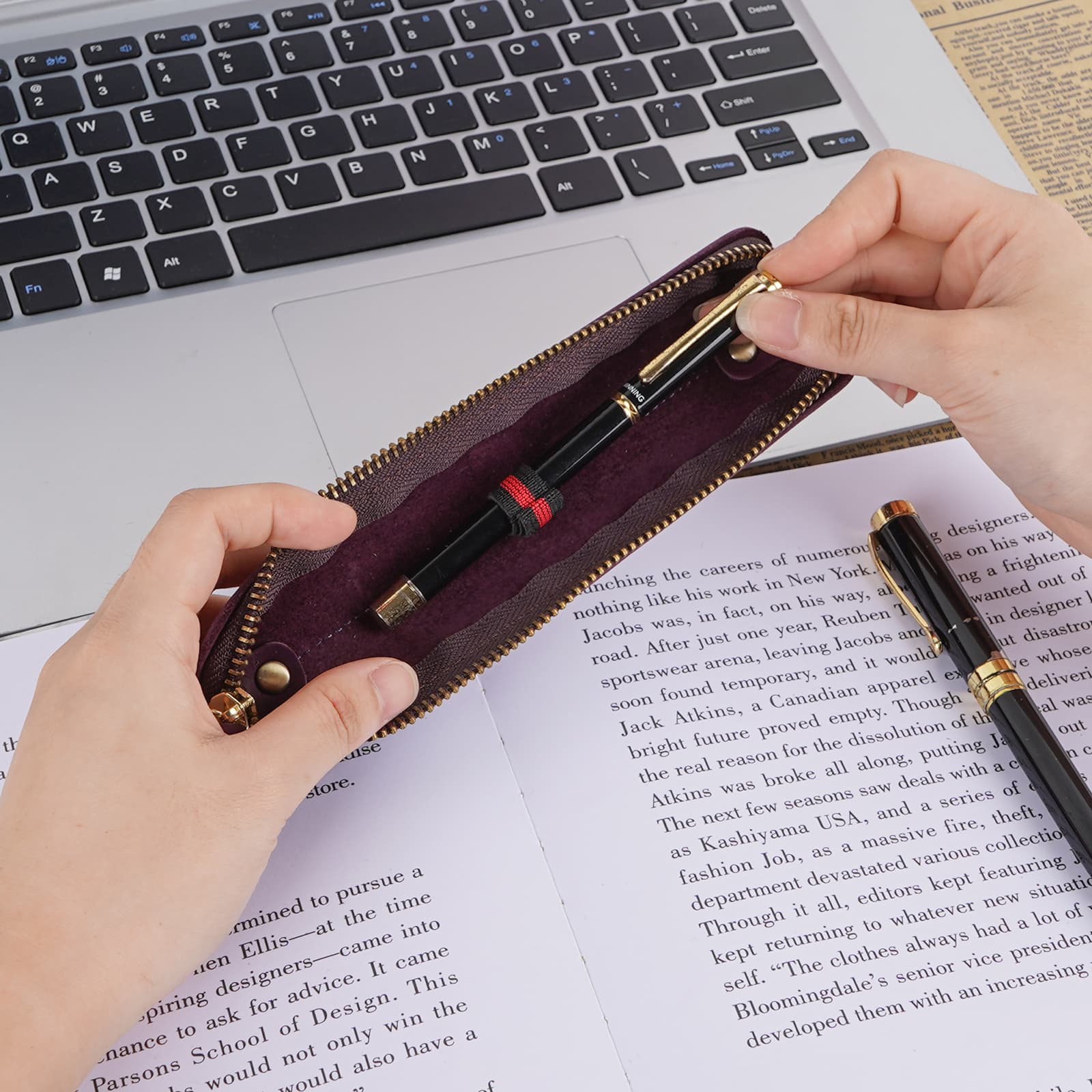 JANKOW Crazy Horse Leather Zipper Pen Pouch Handmade, Single Pen Case Fountain Pen Sleeve Holder Pouch Cover Vintage, Mini Pencil Bag (Purple) - 4