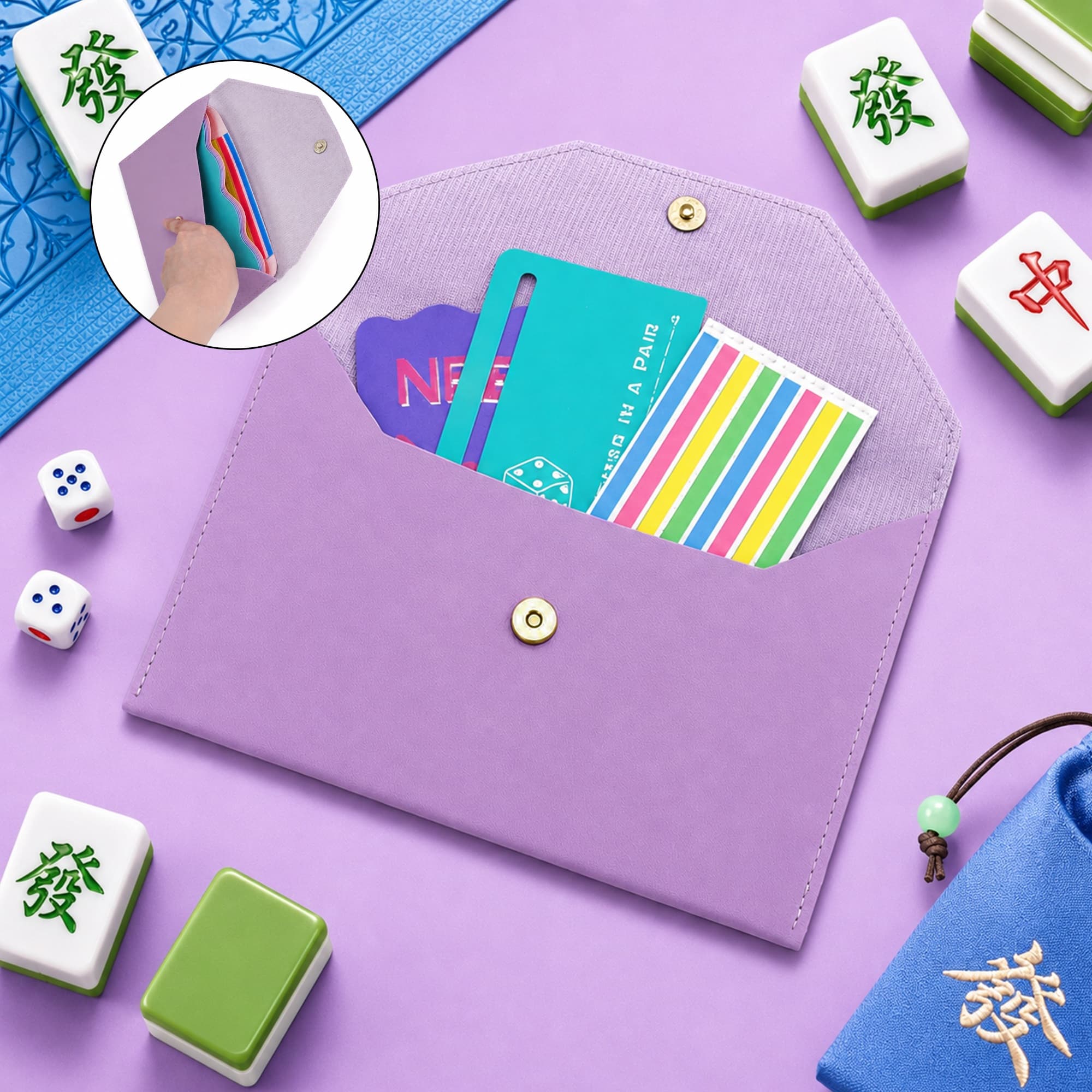 ReignSword Mahjong Card Holder, PU Vegan Leather 2026 Mahjong Storage Bag, Snap Button Standard Hands Rules Card Organizer, 8.66 x 5.71 Inch, Purple - 7