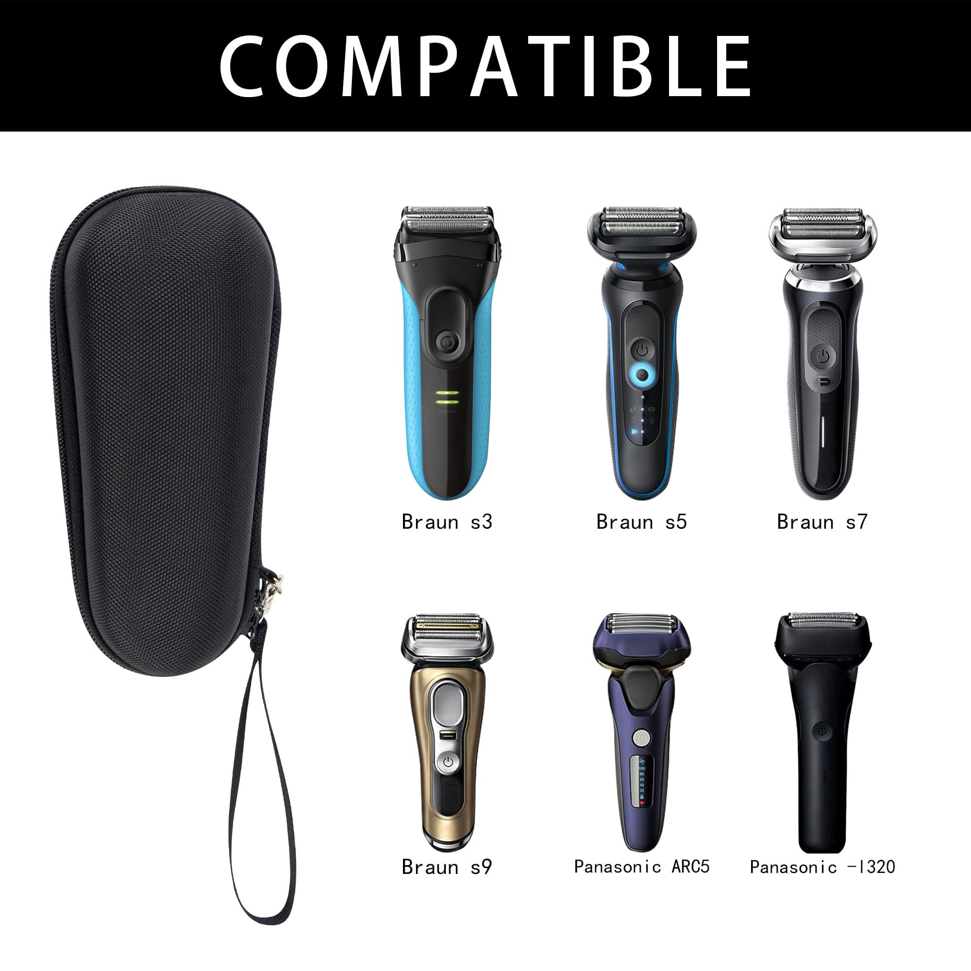 Hard EVA Electric Shaver Case Compatible with Braun S3/S5/S7/S9 & Panasonic es-L320, Splash-Prevention Shockproof Storage Box with Elastic Strap and Charger Mesh Pocket (Black) - 3