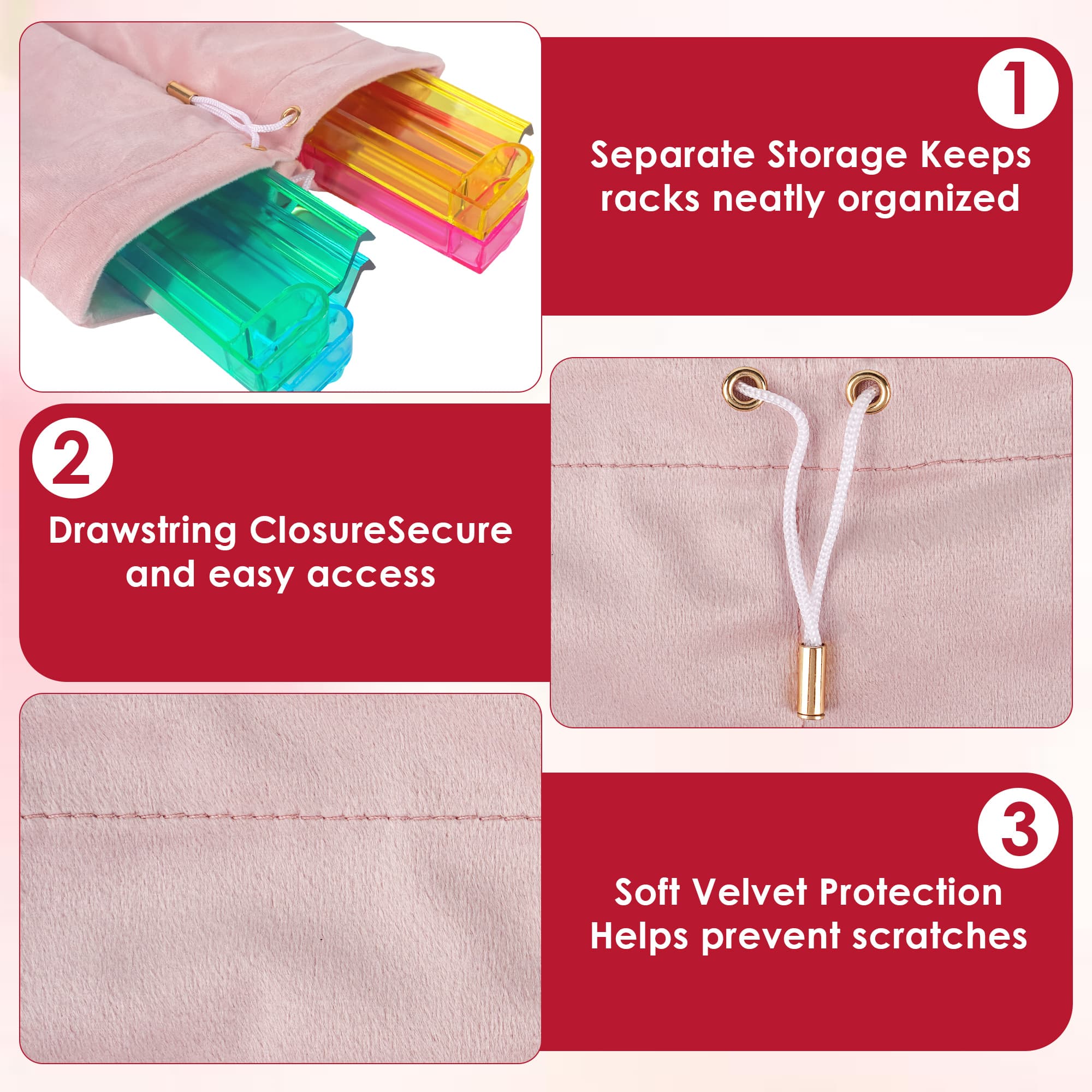 ReignSword Velvet Mahjong Rack Storage Bag, 22x9.5 Inch Drawstring Pouch, 2-Compartment Organizer for 4 Mahjong Racks & Pushers, Protective Holder for Mah Jongg Accessory (Pink ) - 2