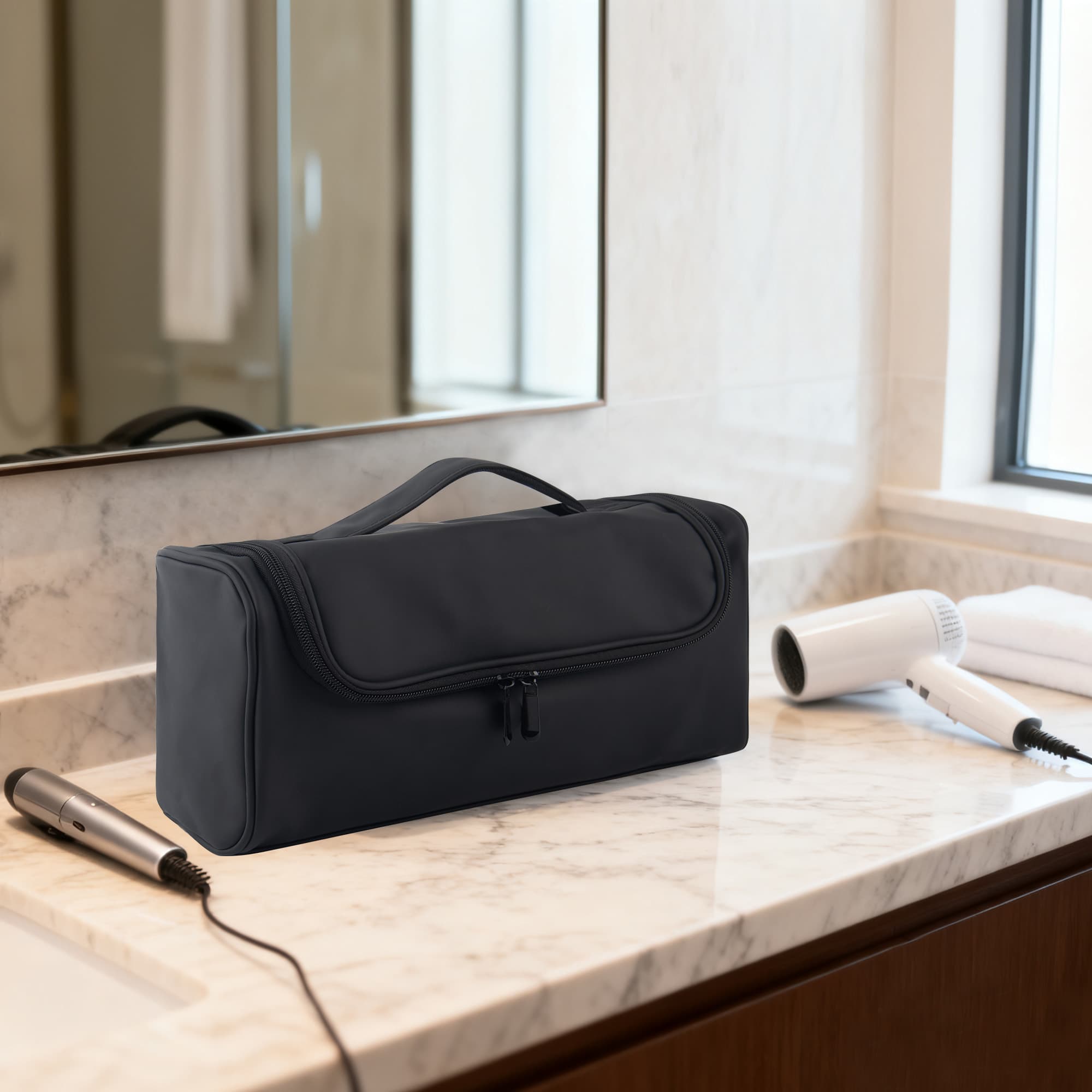 Hair Tool Organizer Case Compatible with Hair Dryer & Curling Iron - Premium Smooth PU Leather Storage Bag with Wall-Mountable Hook, Mesh Pocket, 4 Slots for Detachable Replacement Heads (Black) - 4