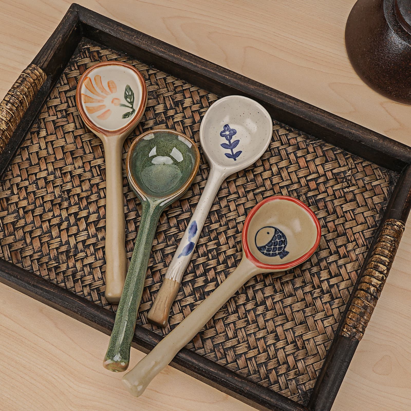 JANKOW 4 Pack Japanese Ceramic Soup Spoons, Slightly Larger Long Handle Design, Hand-Painted Porcelain Spoons for Miso, Wonton, Dumplings (Secure Packaging) - 4