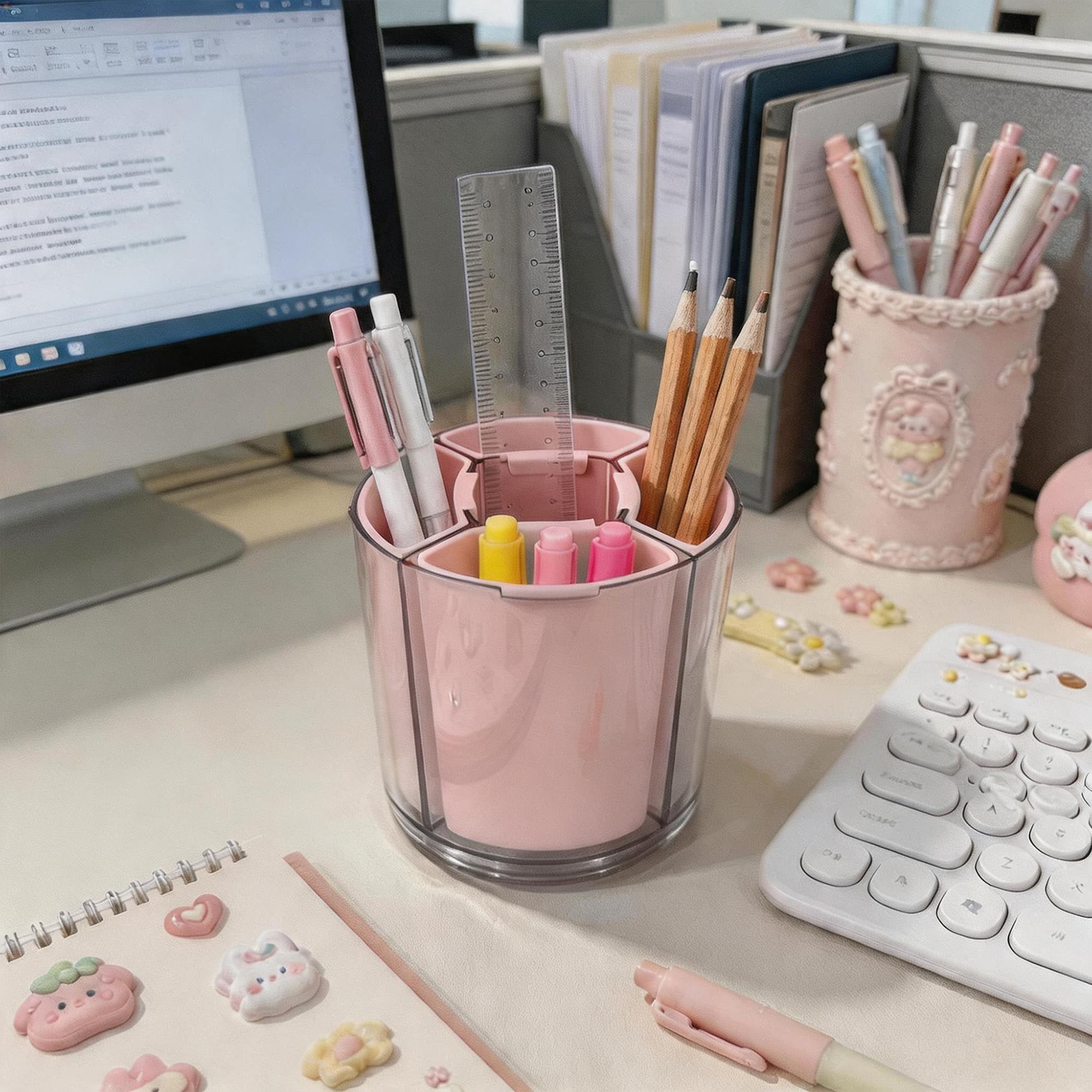 ReignSword 360° Rotating Pen Holder, Expandable 5-9 Slots Desk Organizer, Clear Detachable Pencil Cup Caddy, Aesthetic Desktop Supplies for Office Home (Pink) - 4