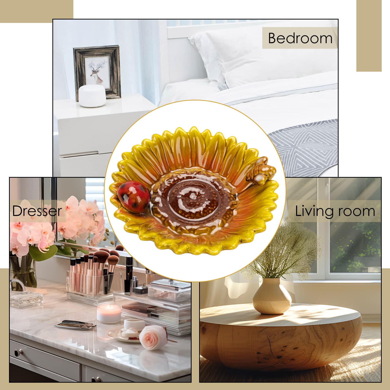 CAIRIAC Sunflower Jewelry Dish Trinket Tray Ceramic Key Tray Bowl for Entryway Table, Sunflower Candy Dish Soap Holder Gift Decorative Bowl for Home Decor Kitchen Bathroom Sink (Bee, Ladybug) - 2