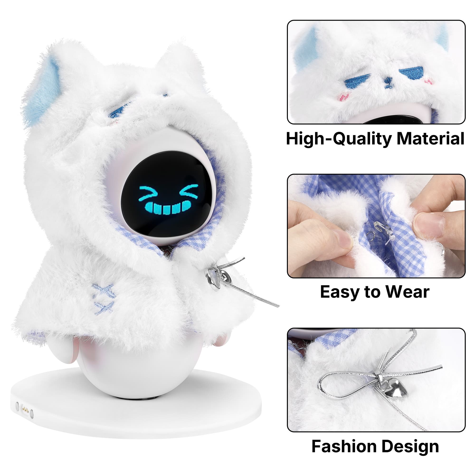 ReignSword White Cape Compatible with Eilik Robot, Fashion Outfit with Blue Ear Decorations and A Silver Bow - 2
