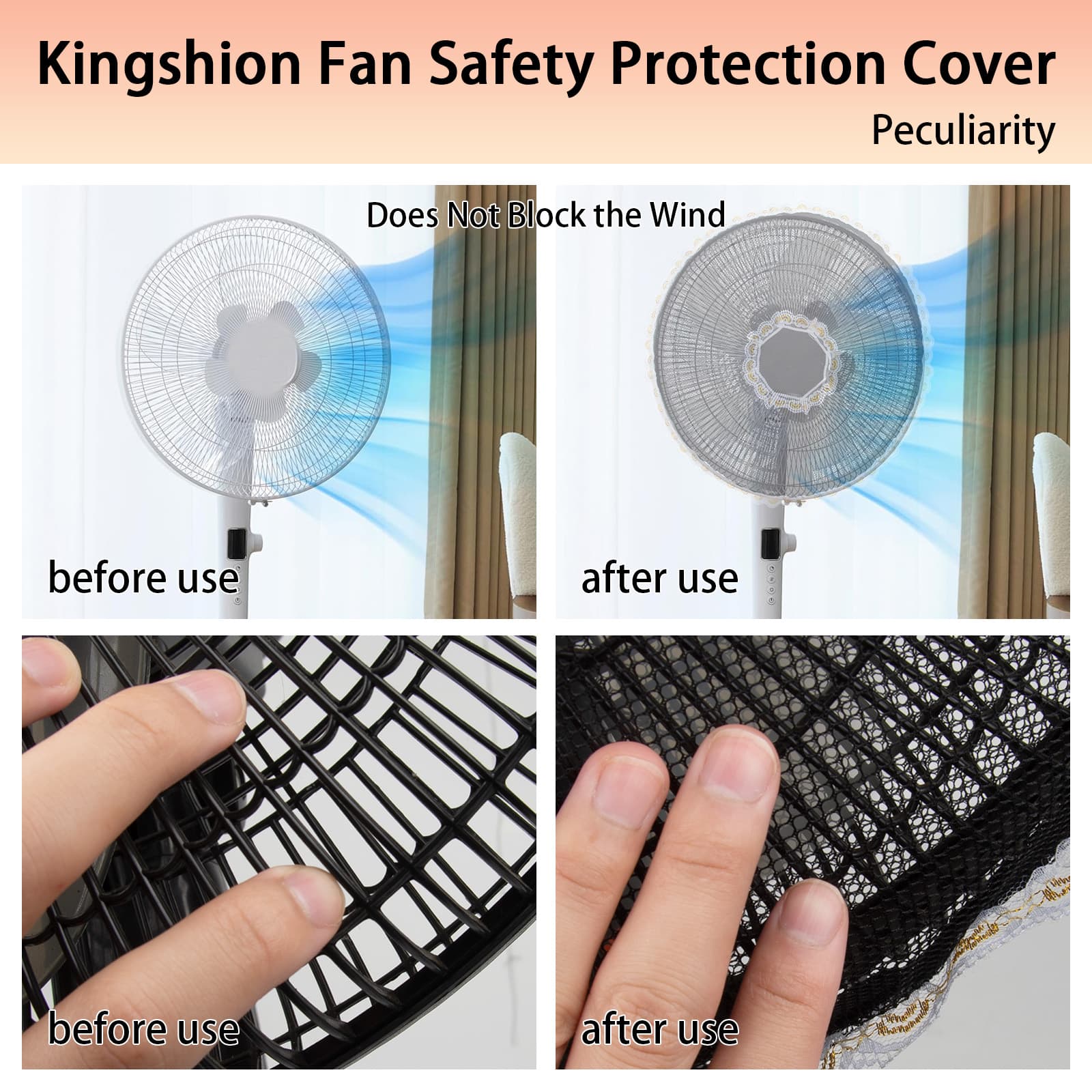 Kingshion 2 Pack 14-16 Inches Fan Safety Protection Cover, Finger Protect Fan Net Guard, Damp-Proof Cover for Pedestal Fan, Summer Washable Dustproof Safety Fan Protection, Black - 2