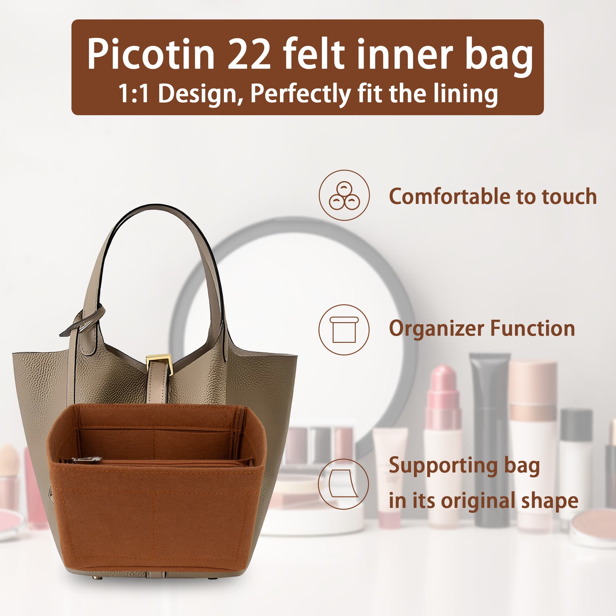 Kingshion Purse Organizer Insert, Felt Handbags Dividers with Zippers, Tote Bag Organizer Fit Picotin 22 Bag, Brown - 5