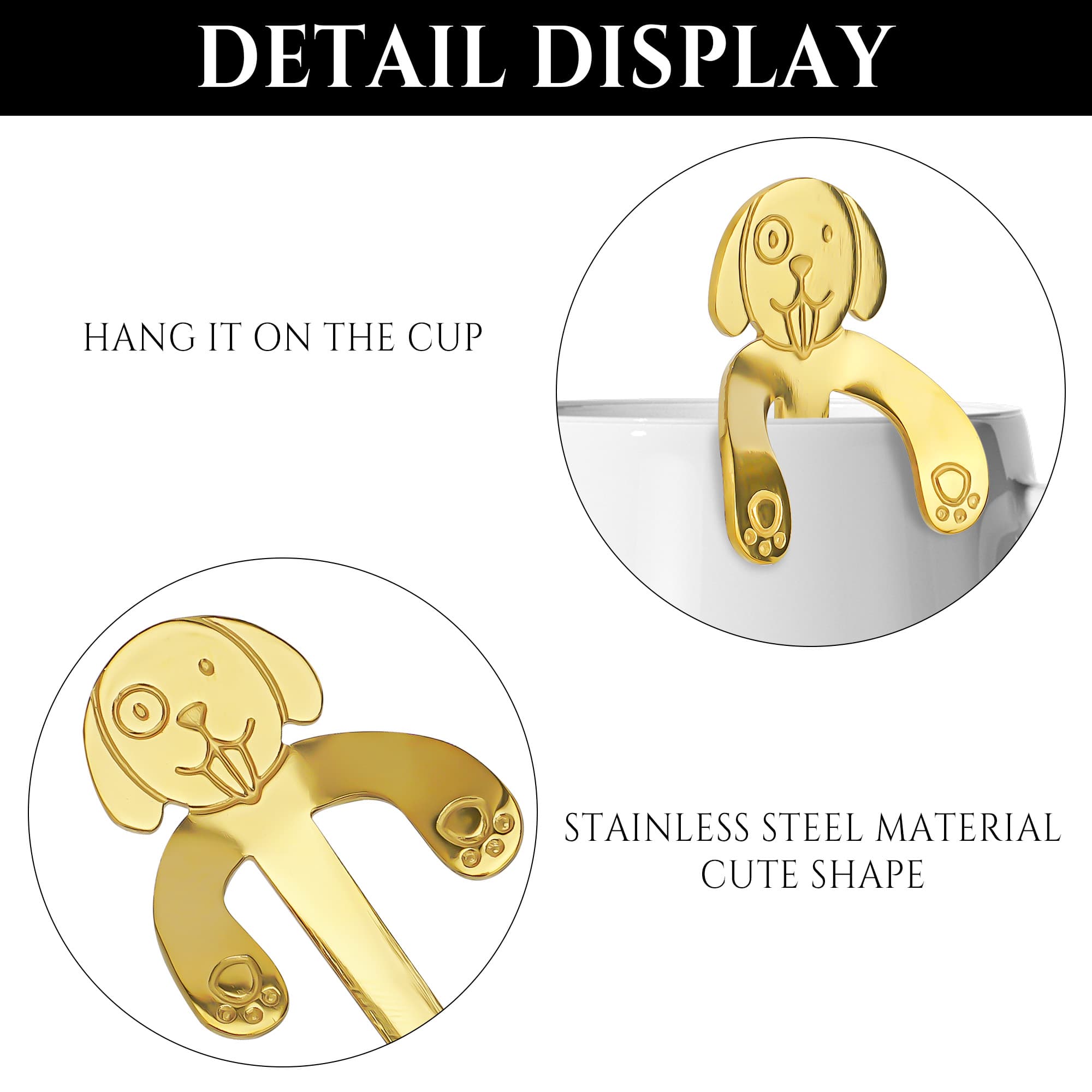 JANKOW 4 Pcs 304 Stainless Steel Dessert Dog Spoon, Dog Coffee Spoon, Stainless Steel Hanging Stirring Desserts Drink Spoons for Coffee, Tea, Dessert (Golden) - 2