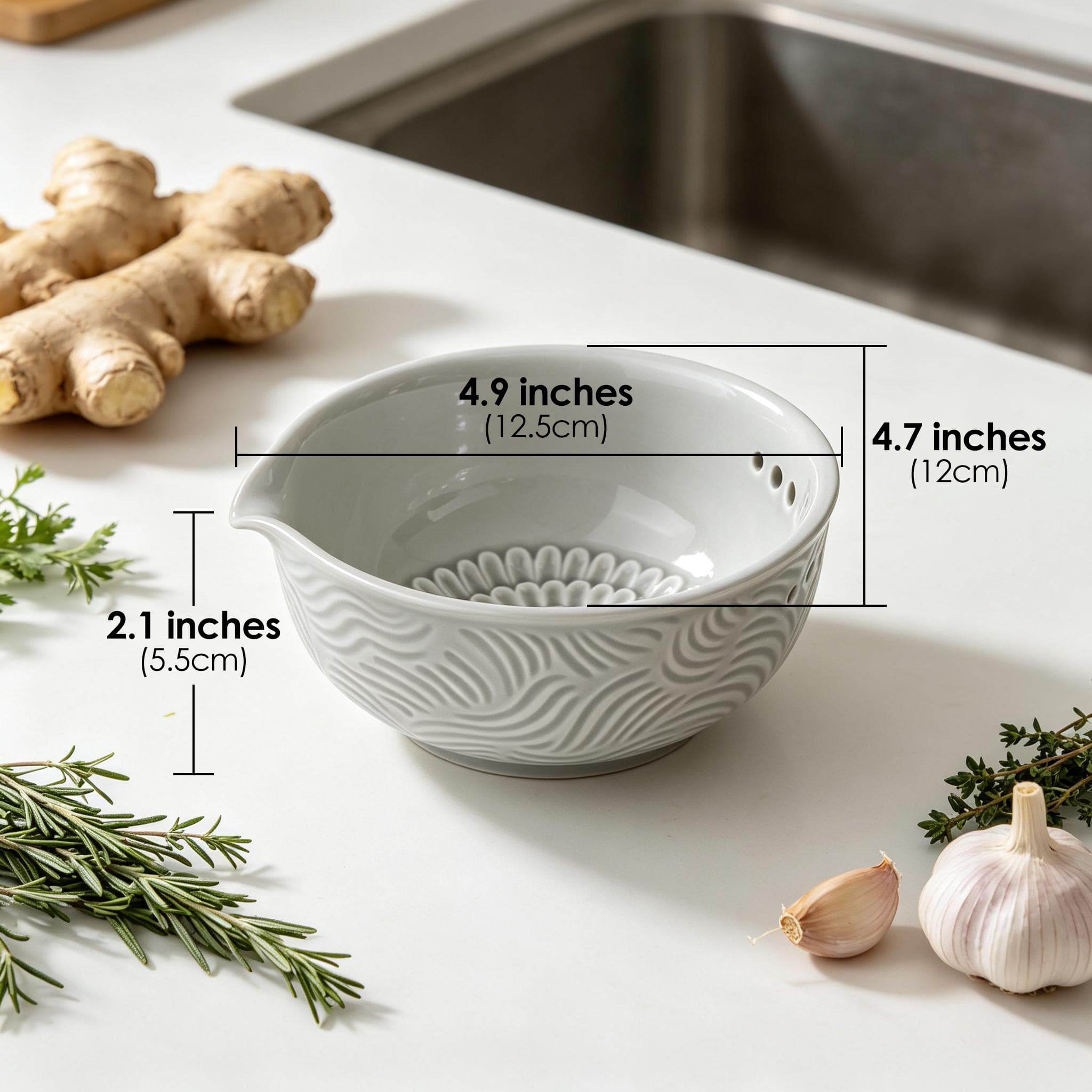 ReignSword Ceramic Garlic Grater Bowl, Gray Embossed Ginger Grater Plate with Stripping Holes, Multi-Use Grinder for Garlic Ginger, with Silicone Brush - 5
