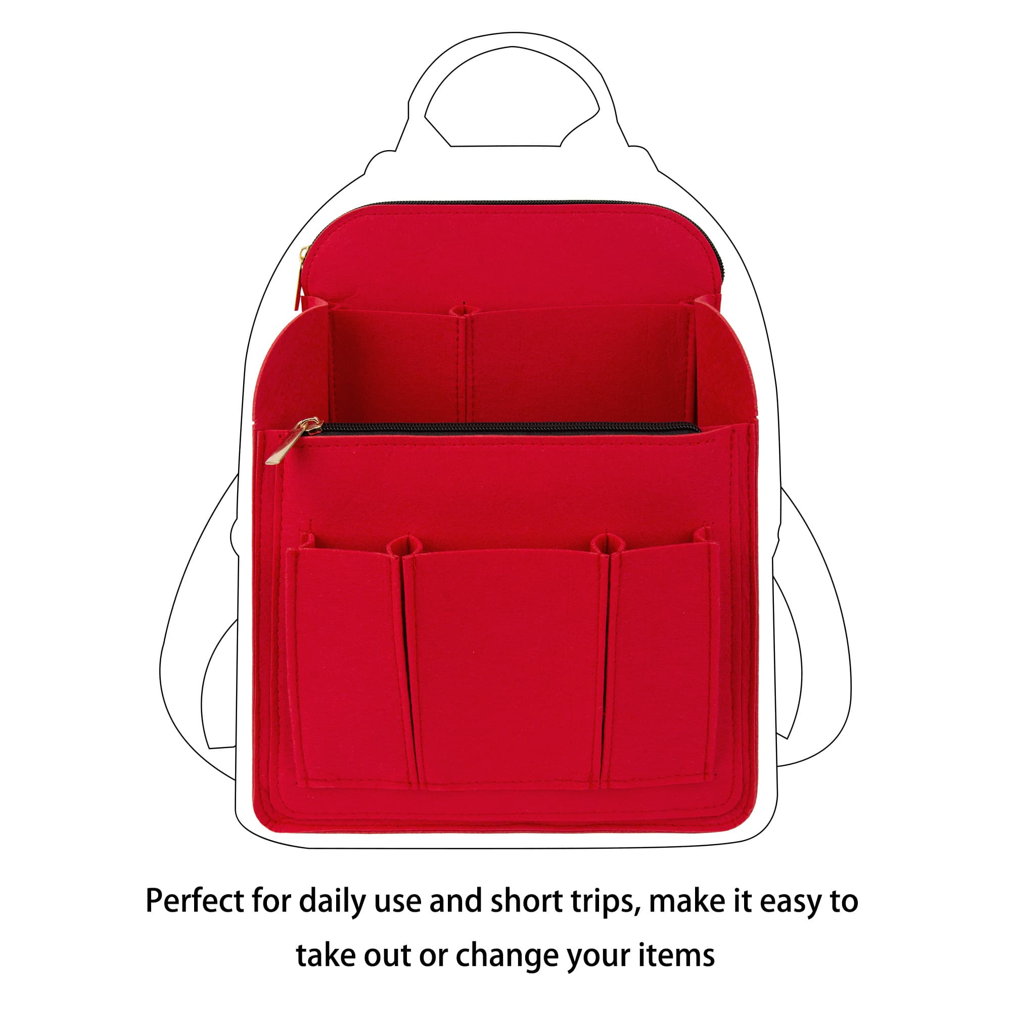 Kingshion Large Capacity Backpack Organizer Insert - Felt Storage Insert for 10"+ Backpacks, Rucksacks & Travel Bags | Vertical Design with Shoulder Strap Slot & Interior Pockets - Red - 3