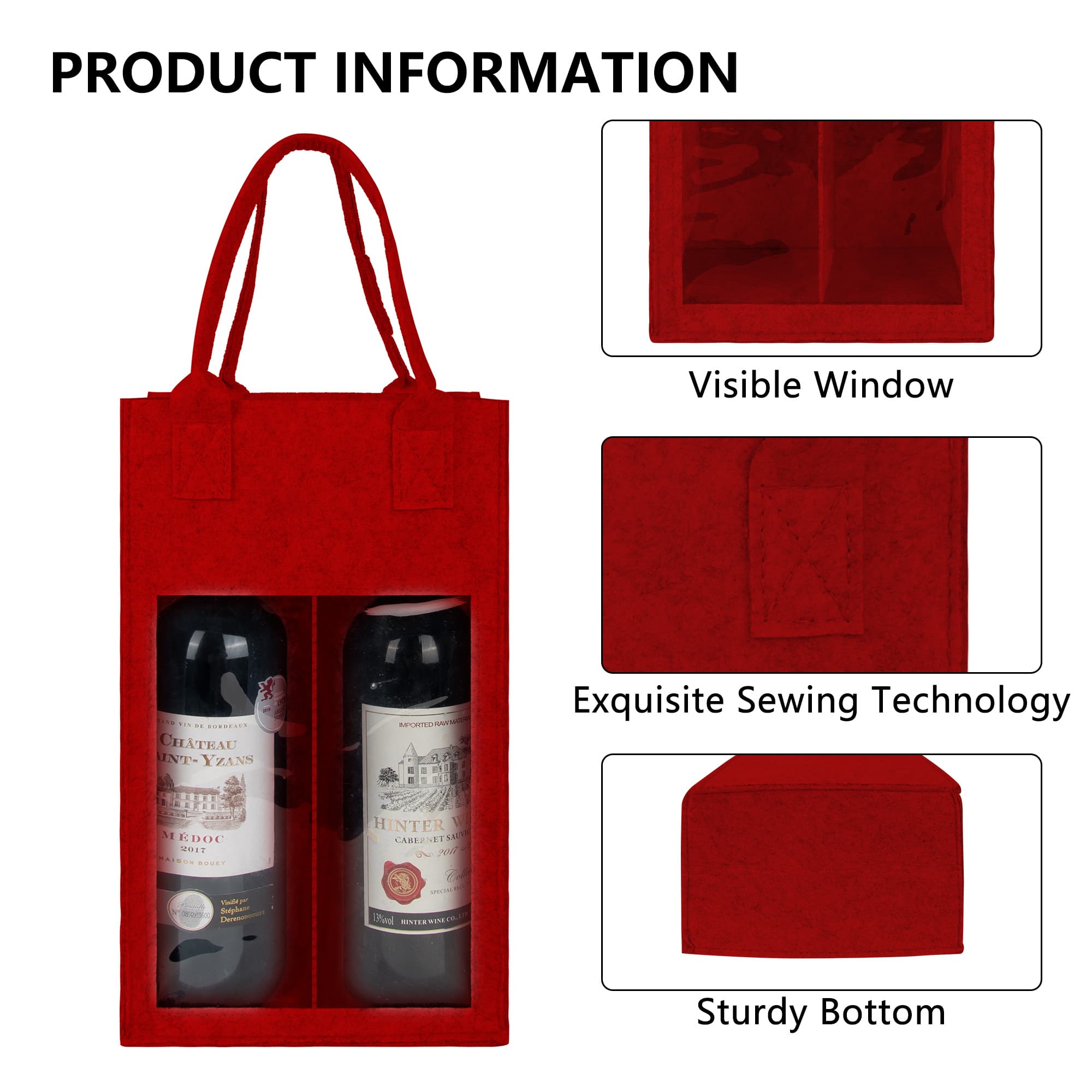Kingshion Felt 2 Wine Bottle Carrier Bag with Handle, 2 Compartments Wine Bottle Storage Holder, Reusable Travel Wine Carry Bag (Red) - 2