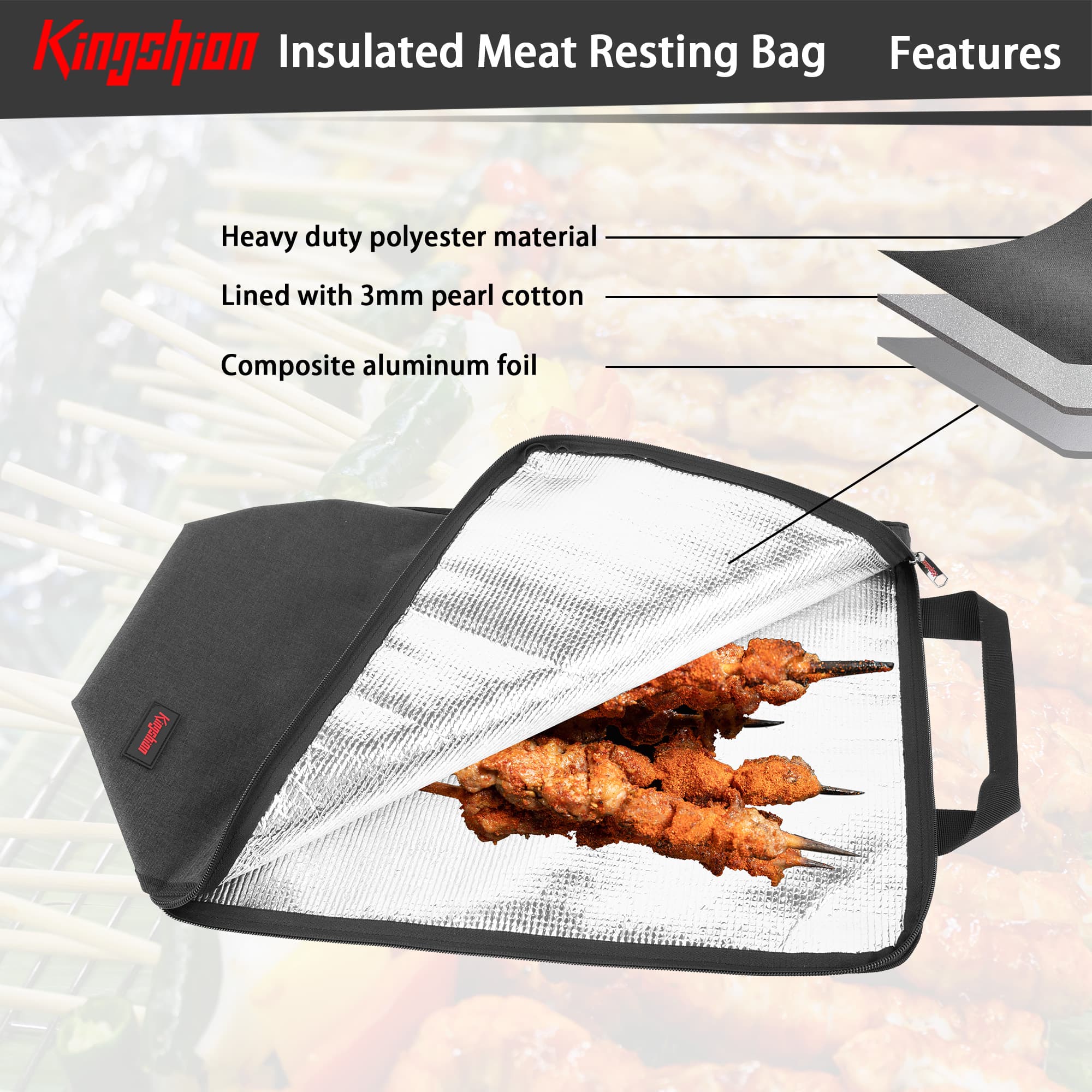 Kingshion BBQ Blanket for Resting Meat, Thicker Insulated Aluminum Foil Meat Resting Bag, Reusable Smoker Grilling Meat Insulated Resting Bag for Longer Lasting Flavor and Juiciness - 3