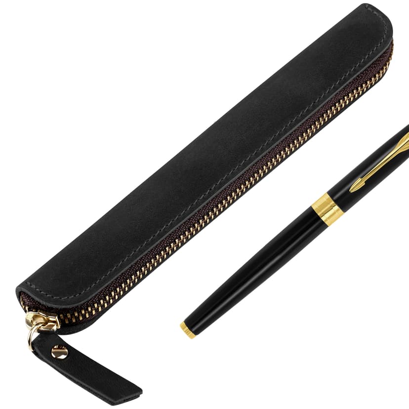 JANKINGS Crazy Horse Leather Zipper Pen Pouch Handmade, Single Pen Case Fountain Pen Sleeve Holder Pouch Cover Vintage, Mini Pencil Bag (Black)