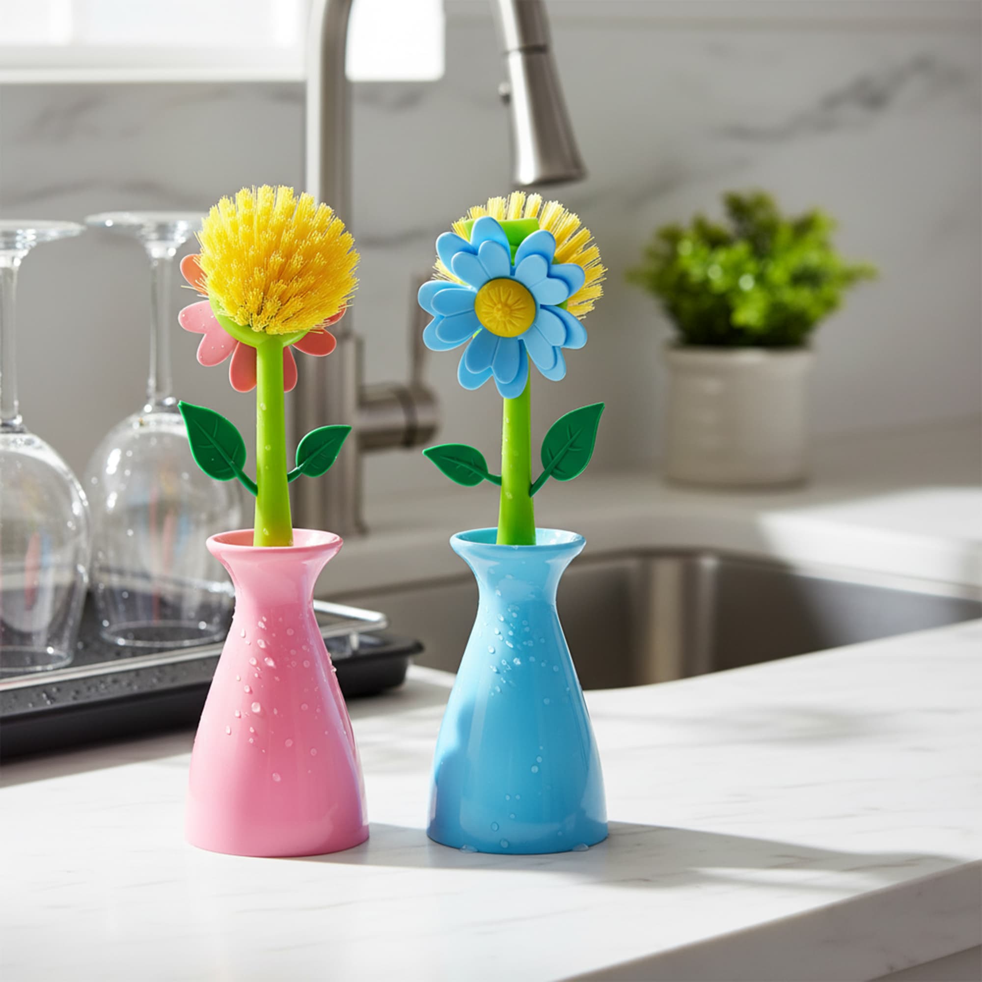 JANKOW Long Handle Flower Pot Brush, Florganic Dish Brush with Vase, Long Handle Dish Brush Kitchen, for Cleaning Pot Pan Sink Kitchen Supplies Decorative Vase (2 Pcs Blue, Pink) - 3
