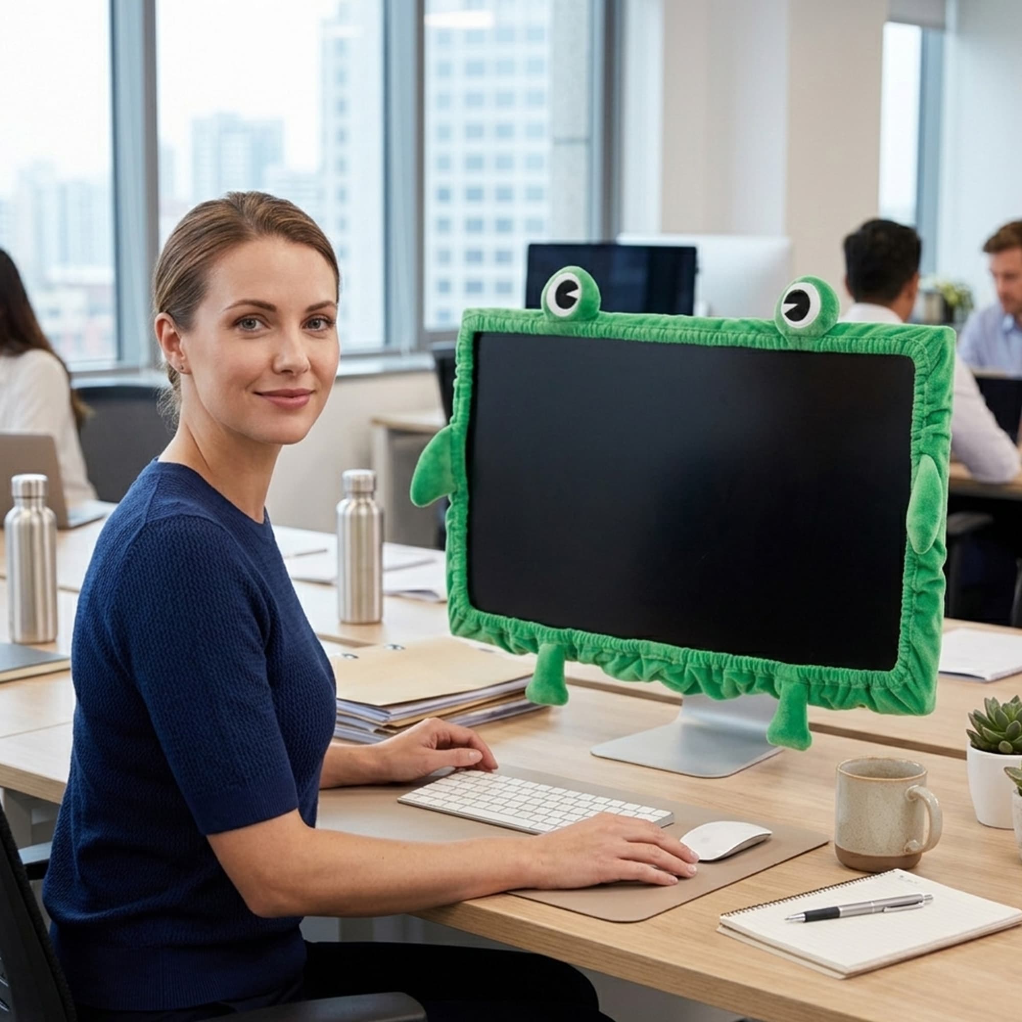 Kingshion Frog Monitor Cover, 23–27 Inch Cute Green Computer Screen Bezel Cover, Stretch Polyester with Elastic Band, Easy Install Desk Decor for Home Office, 1-Pack - 4