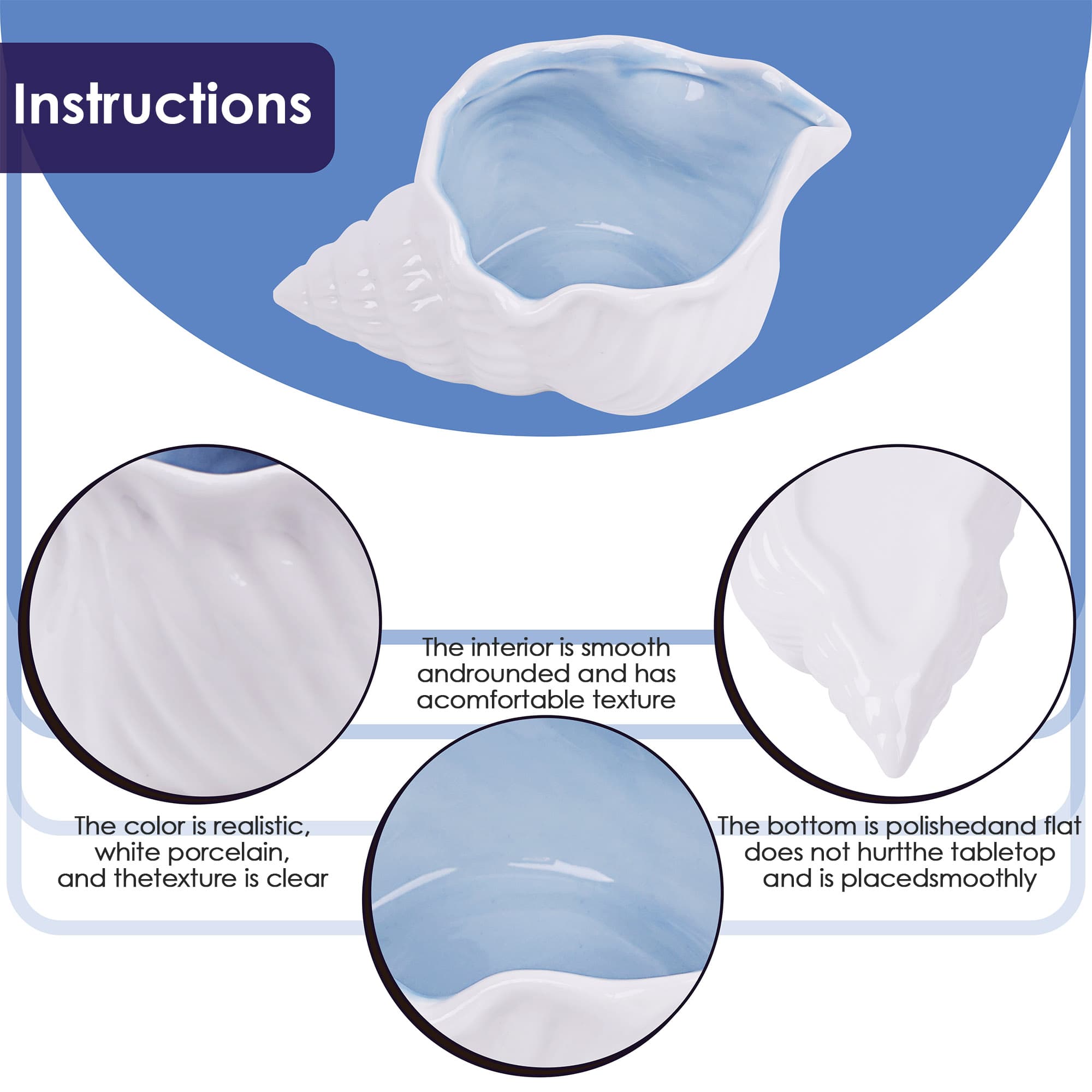 JANKOW Ceramic Conch Shell Jewelry Tray, White & Blue Seashell Trinket Dish for Rings, Earrings & Keys, Desktop Organizer, 1-Pack - 2