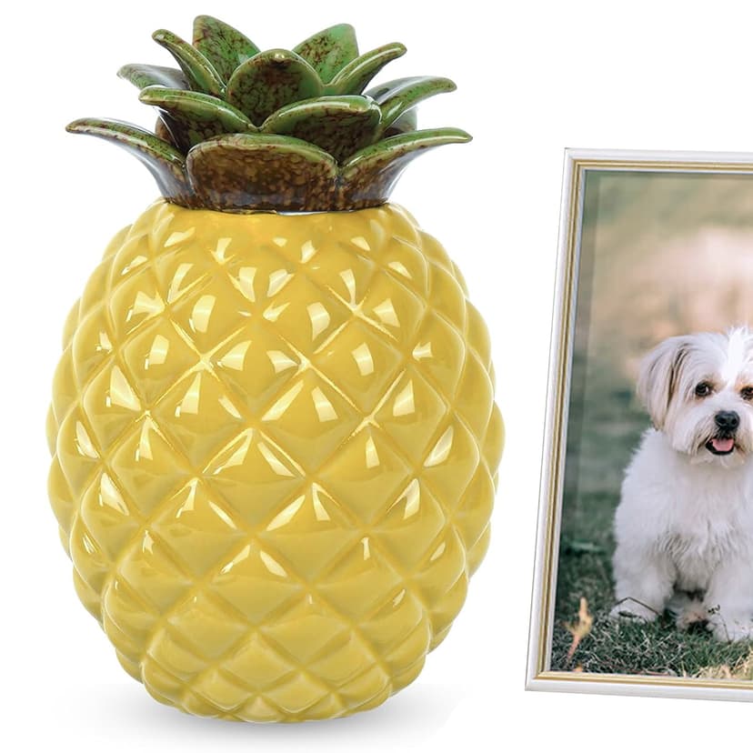 JANKOW Small Pineapple Pet Urn for Dog or Cat Ashes - Small Ceramic Keepsake Memorial Urn - Decorative Funeral Cremation Jar with Airtight Lid