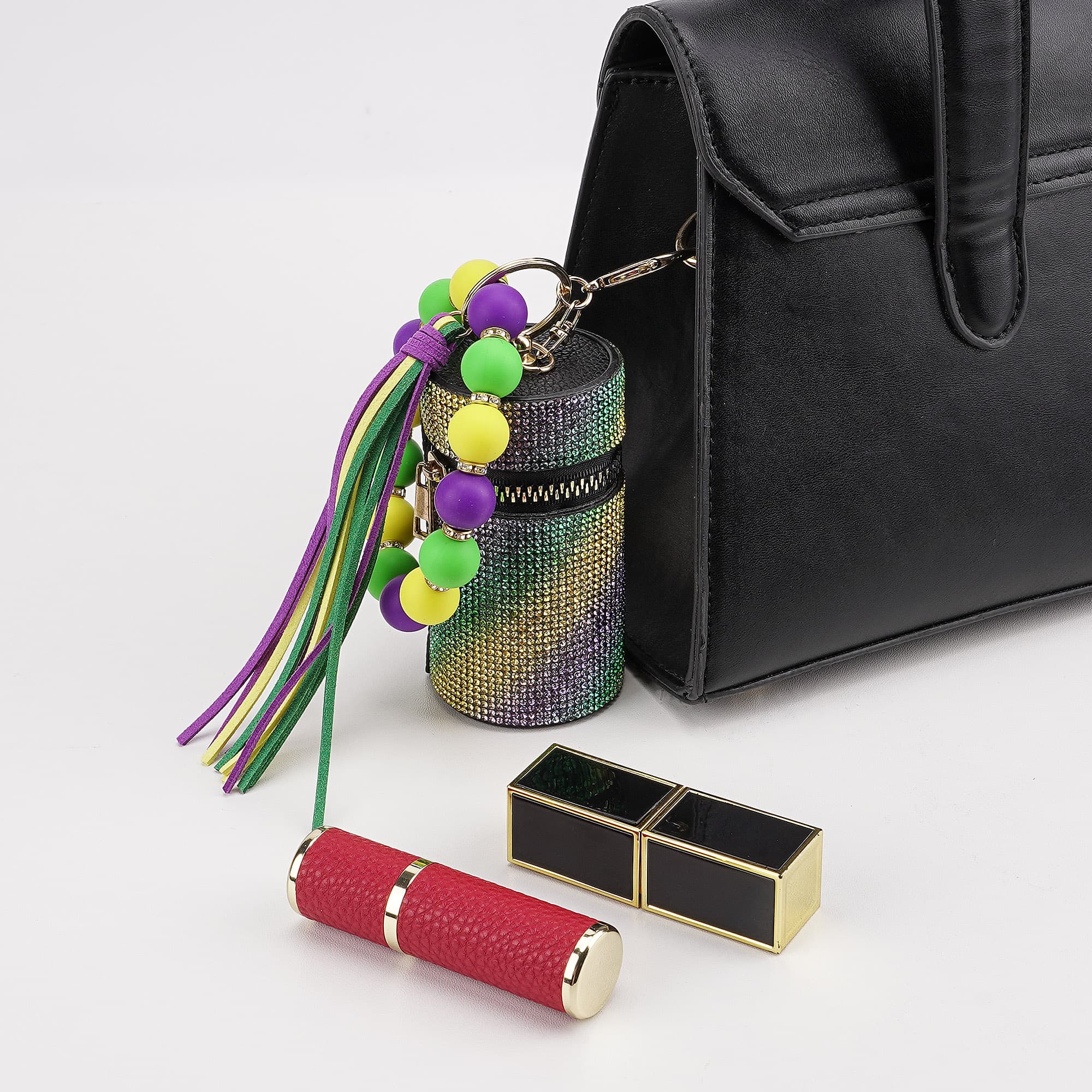 JANKOW Lipstick Keychain Holder Case, Lipstick Holders Keychain, Leather Diamond Lip Gloss Holder with Keychains for Purse Perfume Fingernail Polish - 4
