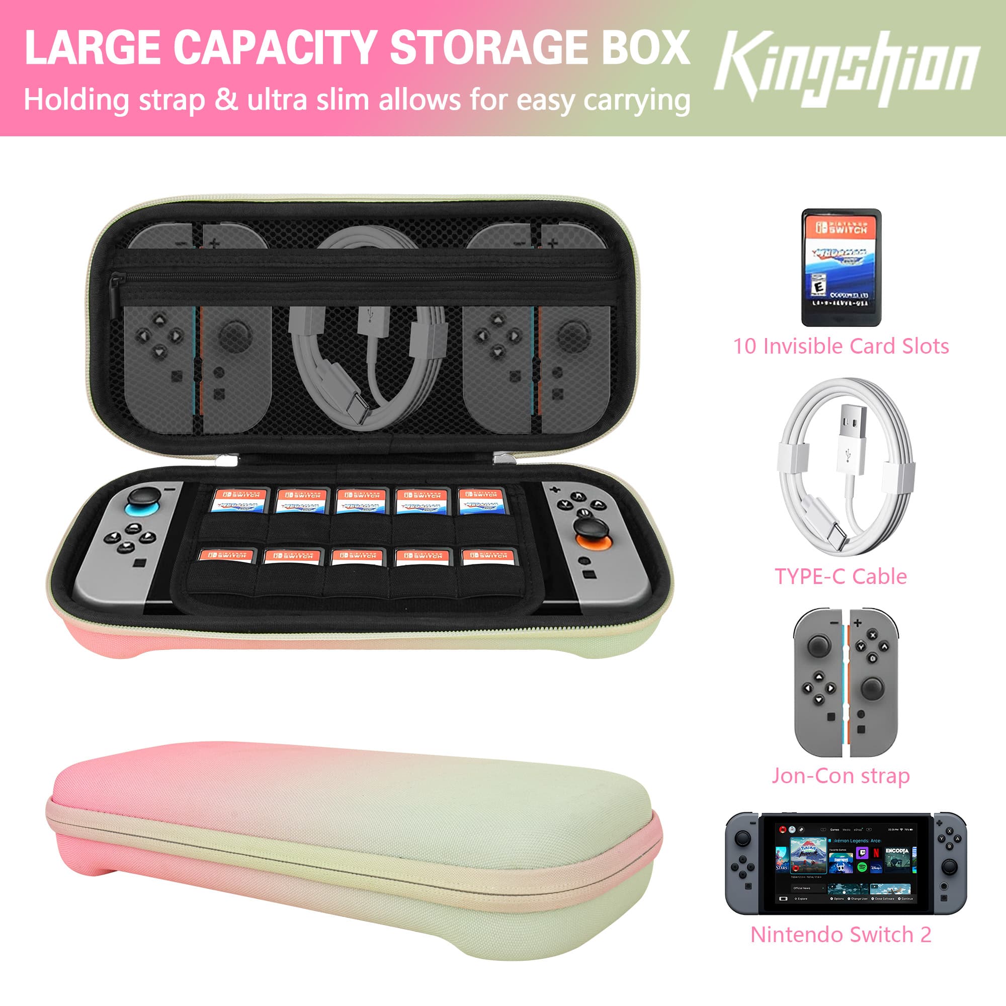 Carrying Case for Switch 2 (2025) - Hard Shell Travel Case with 10 Game Card Slots & Accessory Pocket, Protective Storage Bag for Switch 2 Console - Pinkish Green - 3