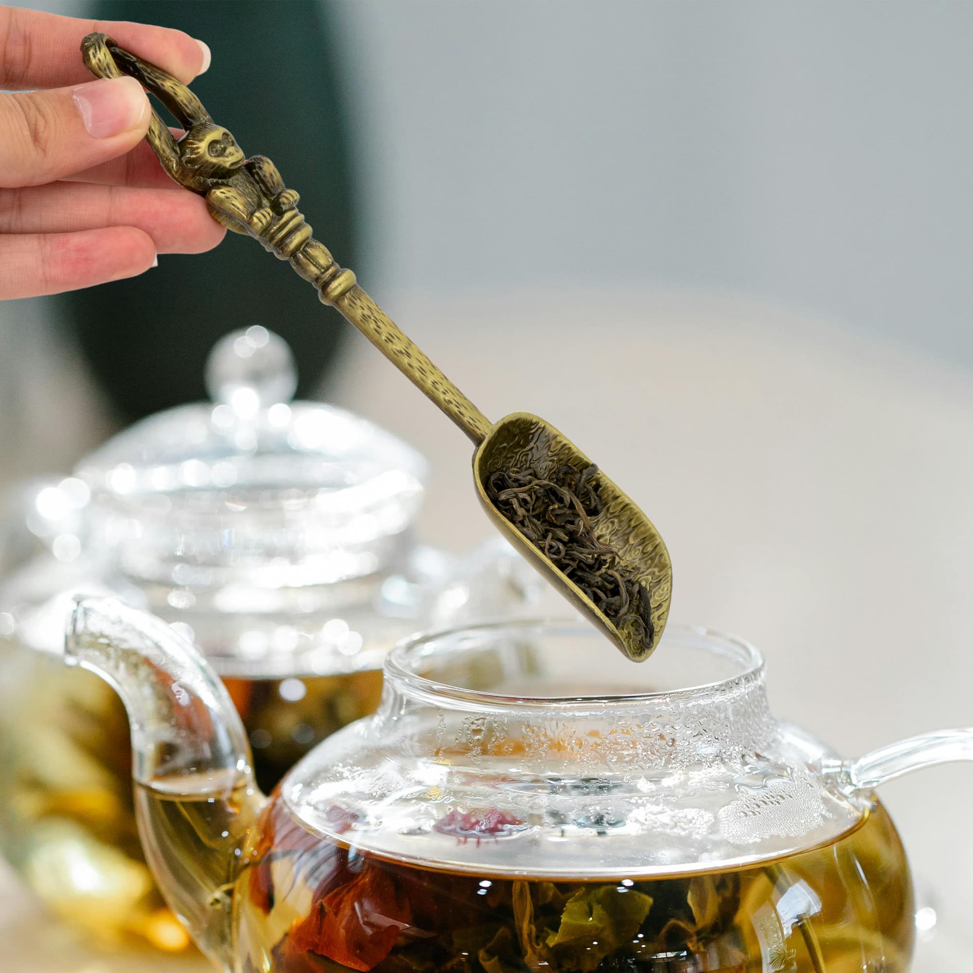 JANKINGS Vintage Bronze Monkey Tea Scoop, Zinc Alloy Loose Leaf Tea Measuring Spoon, Set of 2 - 2