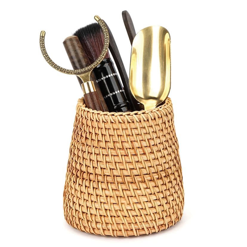 JANKINGS Rattan Tea Utensil Holder, Autumn Rattan Handwoven Cup-Style Organizer, Brown, 1-Pack – Countertop Spoon/Utensil/Coffee Bar Holder