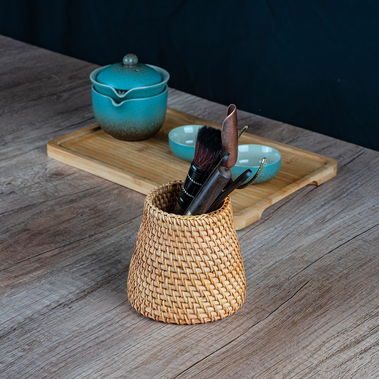 JANKINGS Rattan Tea Utensil Holder, Autumn Rattan Handwoven Cup-Style Organizer, Brown, 1-Pack – Countertop Spoon/Utensil/Coffee Bar Holder - 4