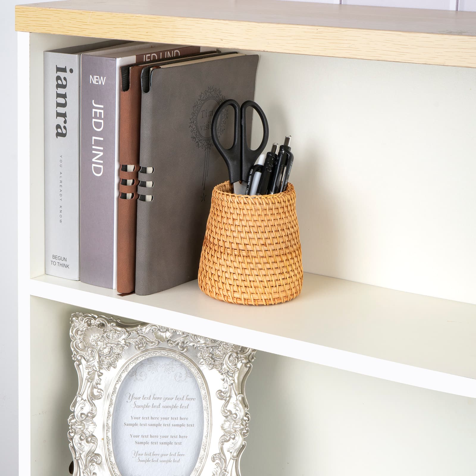 JANKOW Rattan Woven Pencil Holder, Tapered Tower Pen Cup Desk Organizer, Natural Wicker Rattan, 7 x 9.5 x 10 cm (2.76 x 3.74 x 3.94 in), 1-Pack for Office/Vanity/Kitchen - 4