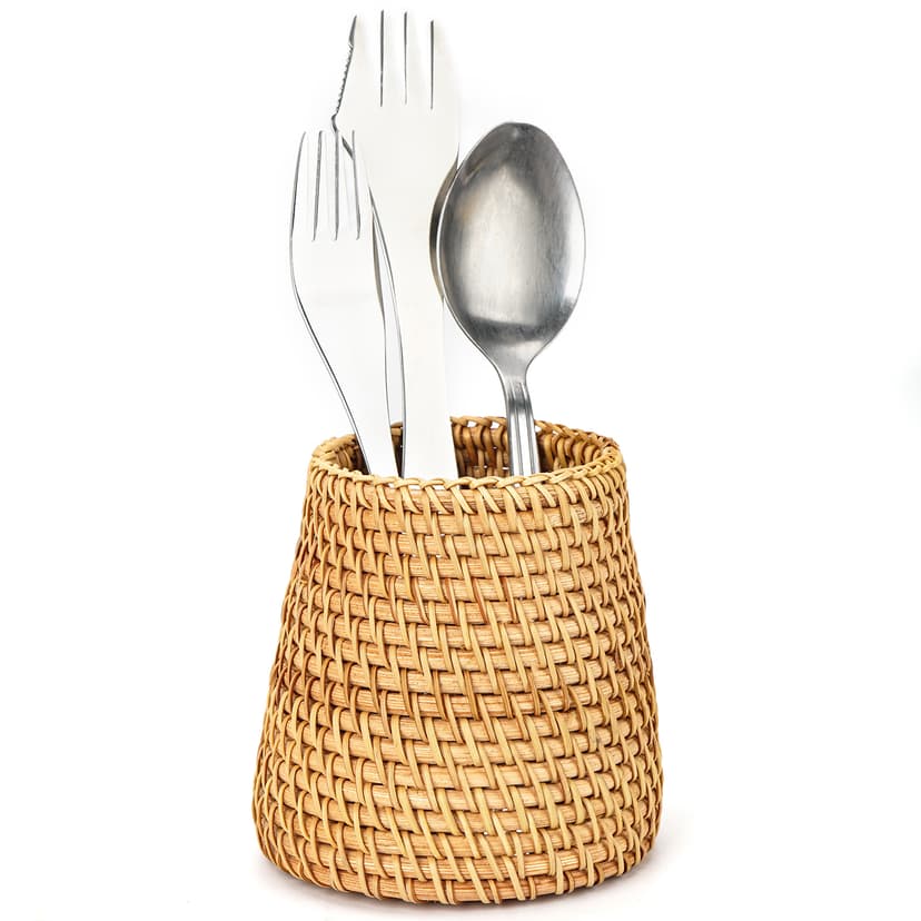 JANKINGS Handwoven Rattan Utensil Holder, Cooking Utensil Holder for Countertop, Tapered Cutlery Caddy, Natural Log Color, 1 Pack