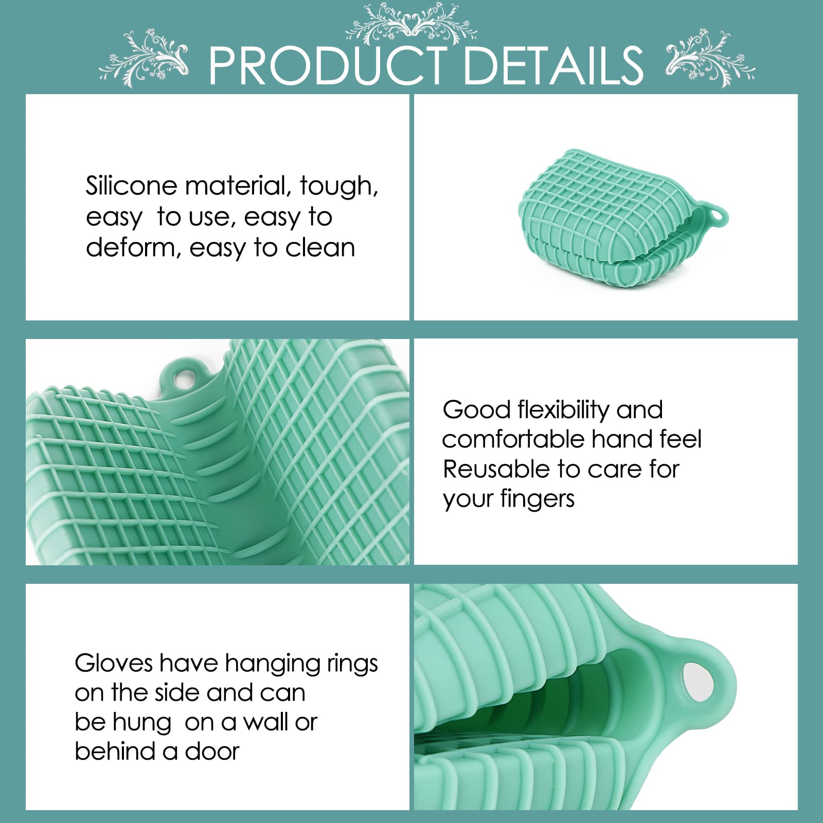 JANKOW 1Pair Silicone Oven Mitts, Heat-proof , Silicone Potholder for Kitchen, Mini Oven Mitts, Rubber Oven Glove, Kitchen Mittens, Pinch Mitts, Cooking Mitts (Green) - 3