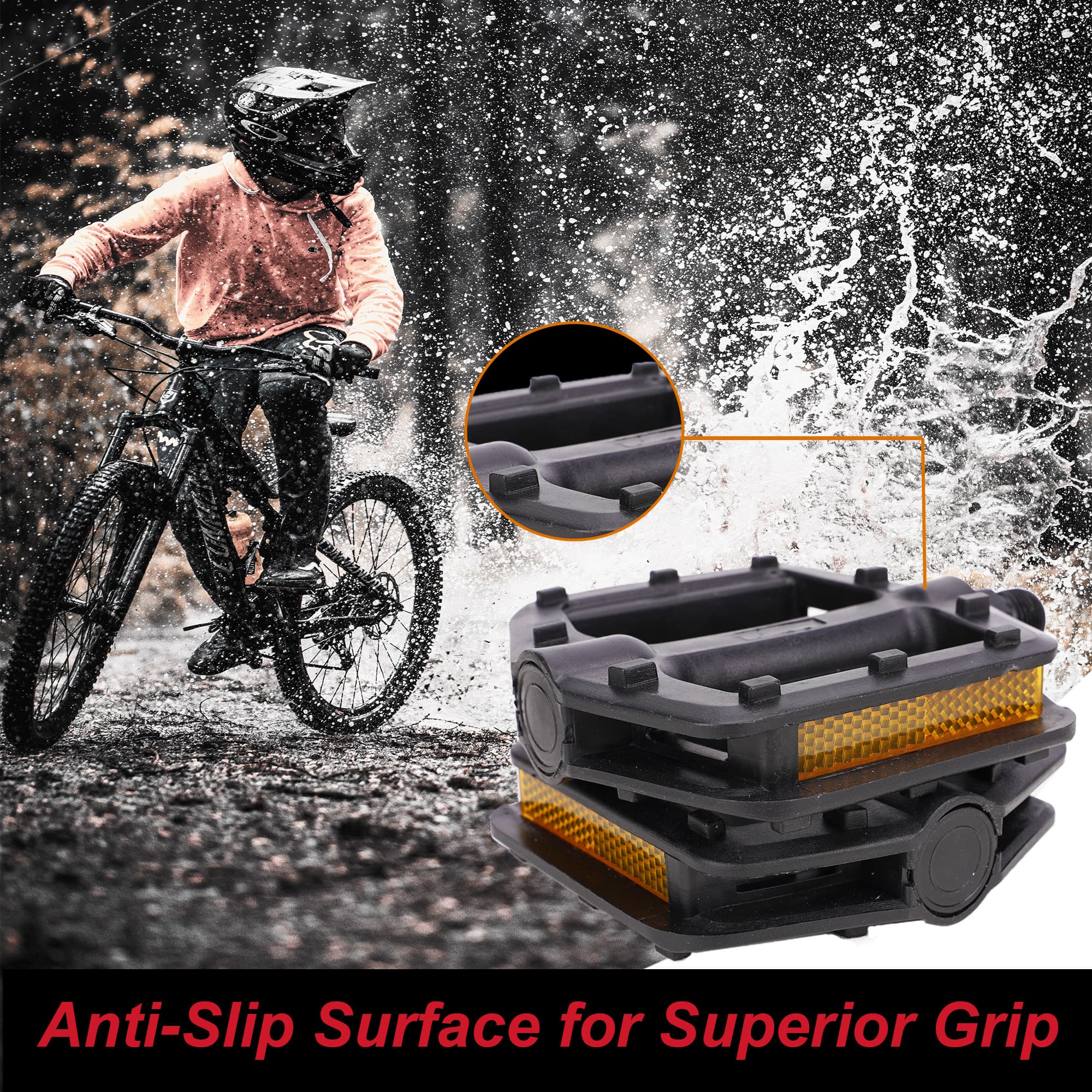 RidingRush Bike Pedals – 9/16" Platform Pedals with Reflectors for Mountain, Road, BMX, and Ebike – Anti-Slip Bicycle Pedals for Adults - 2