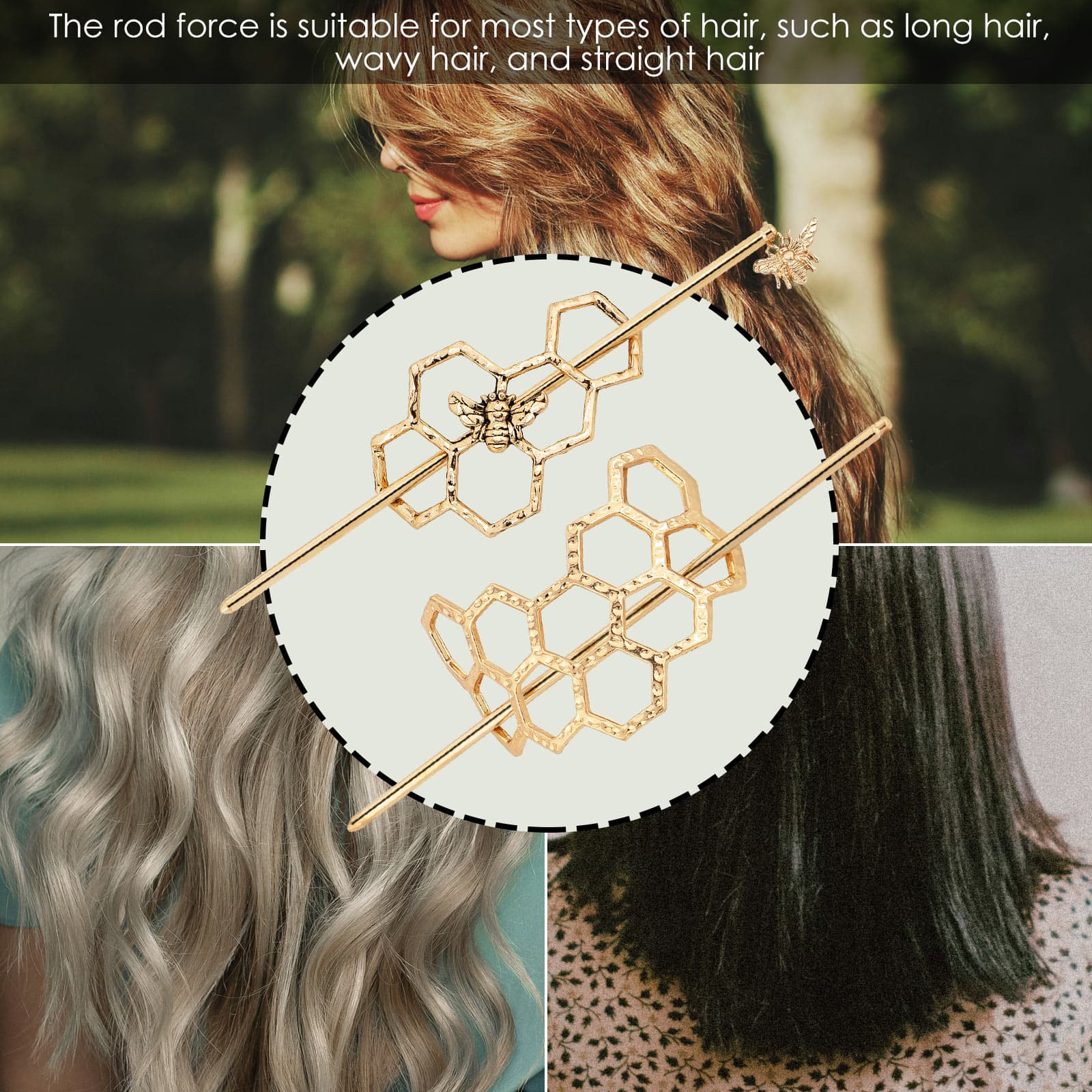 CAIRIAC Honeycomb Hair Clips Slide Hairpins Minimalist Bee Hair Barrette Bun Hair Pins Metal Hair Slide with Stick Creative Hair Accessories for Women Girls Gifts (Golden) - 3