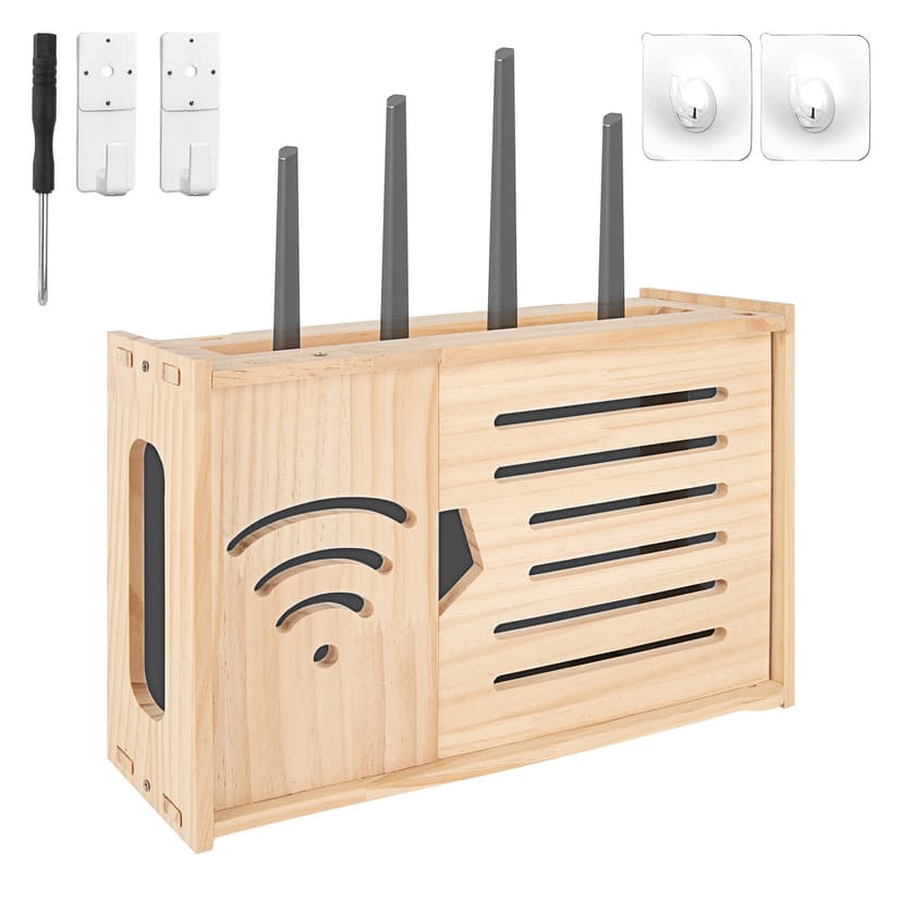 Wooden Wall Mount Router Shelf Storage Box, 13" Wifi Cable Cord Organizer Cabinet, Wireless Internet Device Hide Storage Holder