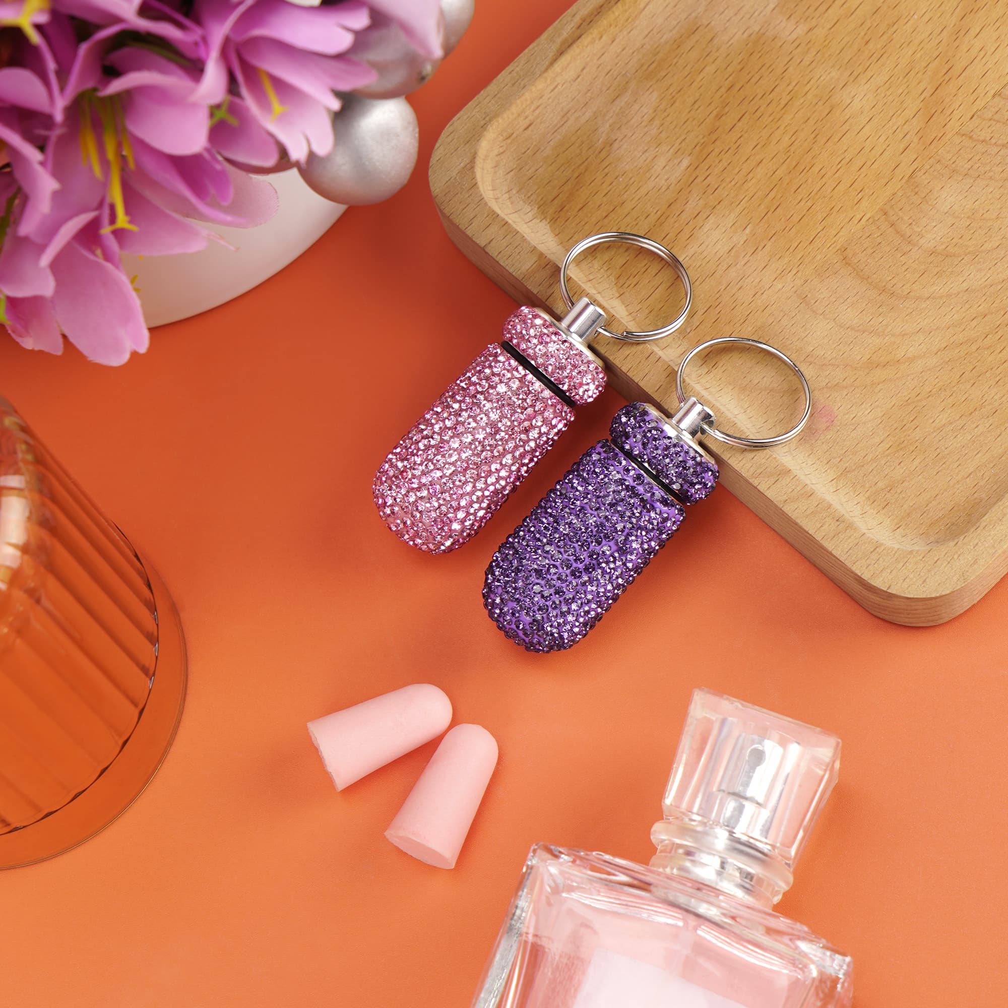 JANKOW 2 Pcs Bling Earplug Case, Waterproof Aluminum Pill Box Keychain with Rhinestones, Sparkling Mini Ear Plug Container for Sleeping, Concerts & Travel, Portable Jewelry Storage (Pink & Purple) - 3
