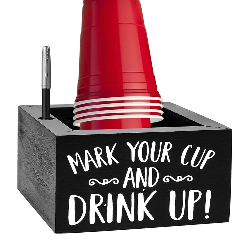JANKOW Cup Holder with Marker Slot, Black Wood Disposable Cup Holder, Mark Your Cup and Drink Up Plastic Cup Organizer Drink Dispenser for Wedding Party Kitchen Decor