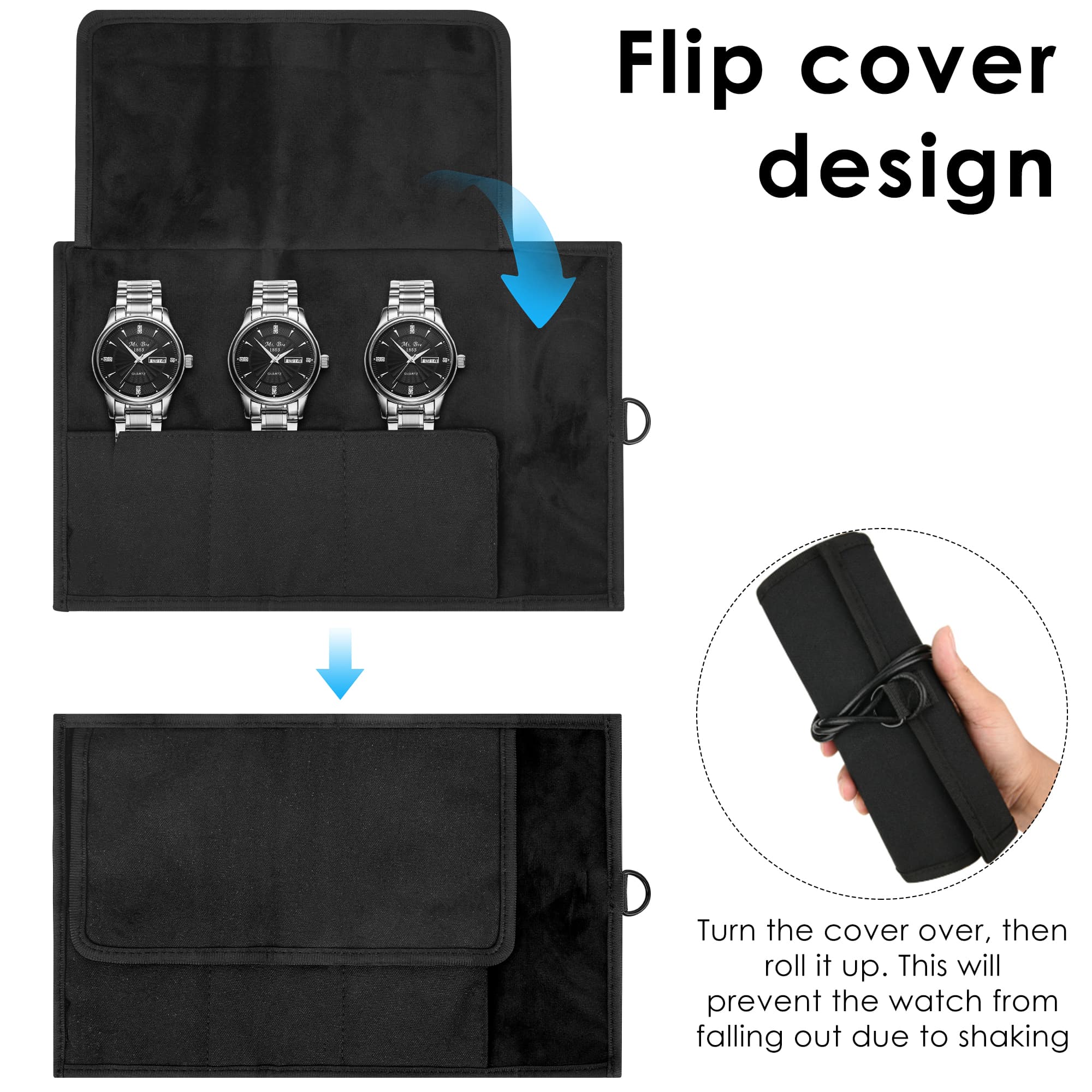 ReignSword Watch Roll Travel Case for 3 Watches, Portable Watch Organizer with Soft Lining, Roll Up Watch Storage Pouch (Black) - 4