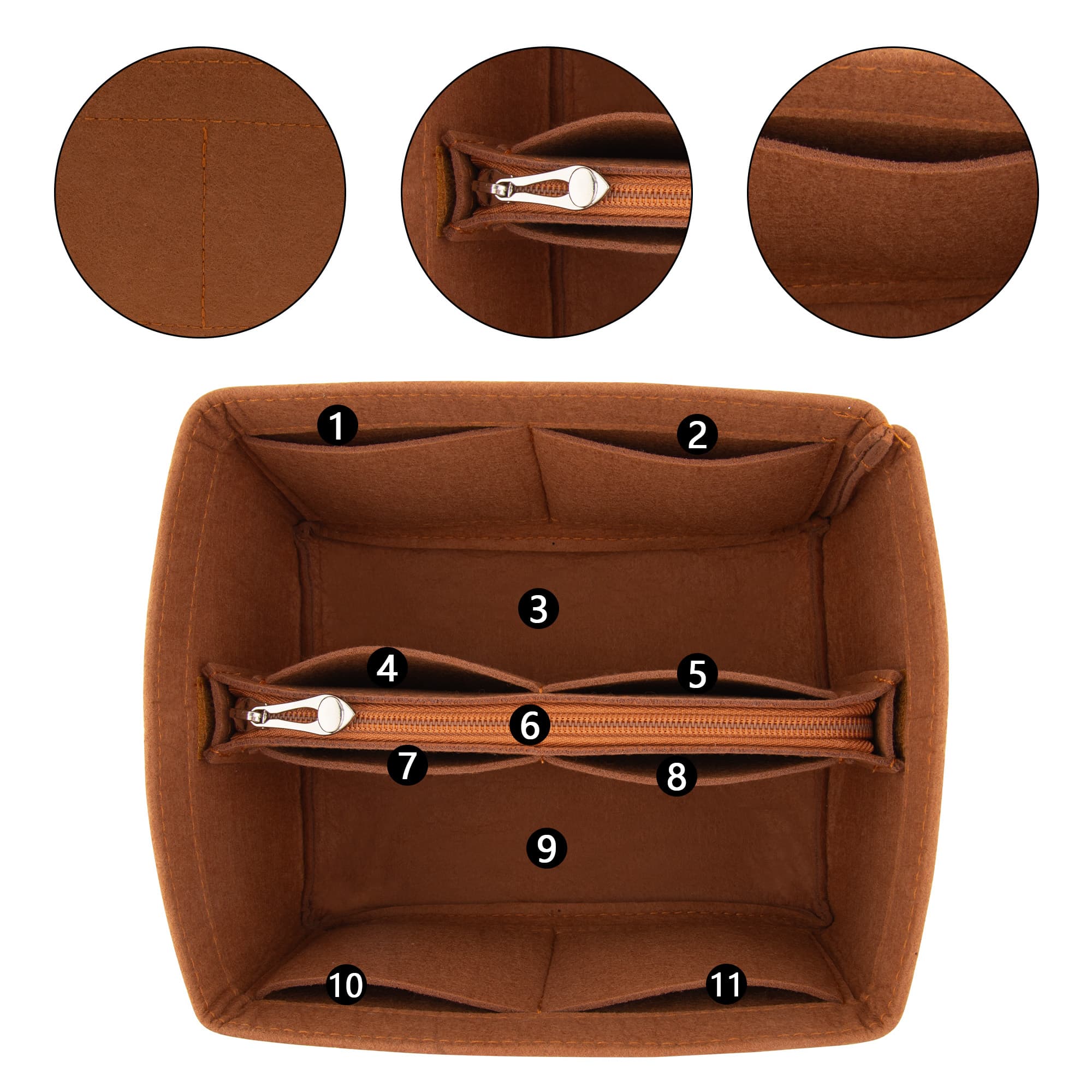Kingshion Purse Organizer Insert, Felt Handbags Dividers with Zippers, Tote Bag Organizer Fit Picotin 22 Bag, Brown - 3