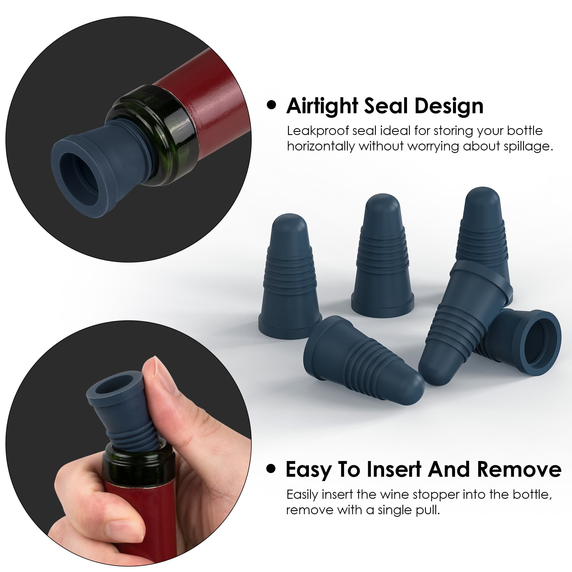 JANKINGS Silicone Wine Bottle Stoppers, Gray Blue, 6 Pack – Reusable Airtight Tapered Plugs for Standard Wine Bottles, Leakproof, BPA-Free, Dishwasher Safe - 3