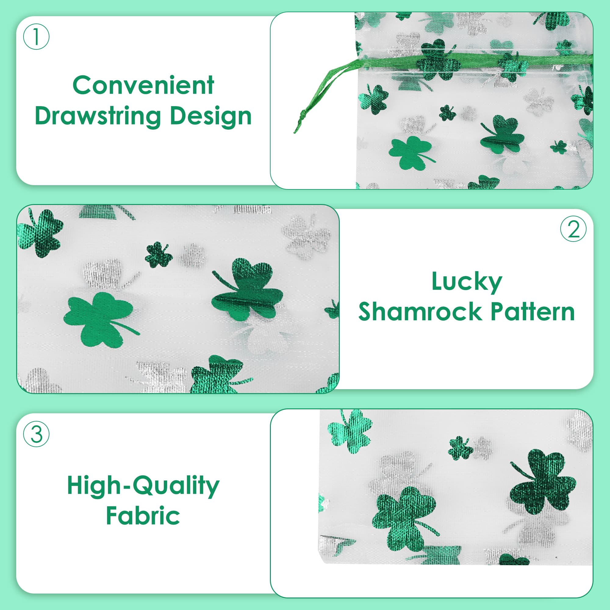 ReignSword 50 Pcs St. Patrick's Day Organza Gift Bags, Shamrock Clover Green Drawstring Mesh Treat Pouches, Goodie Bag for Party Favors, Candy, Jewelry (6 x 4 Inch) - 3