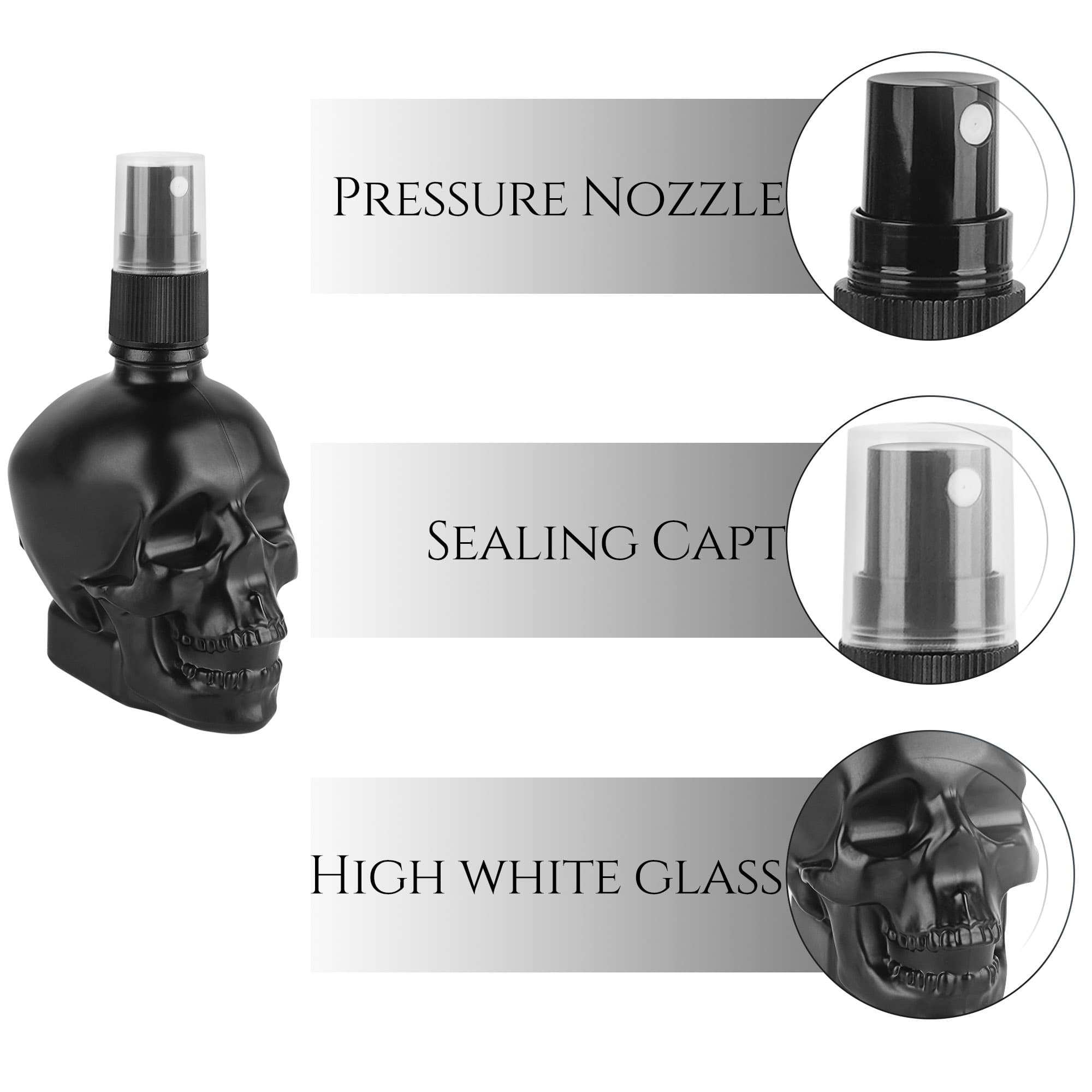 JANKOW Skull Shaped Spray Bottle, Skulls perfume bottle, 60ml Skull perfume bottles empty, Refillable Liquid Travel Accessories, Suitable for Travel, Business Trips, Family Bathrooms (3 Pcs) - 2