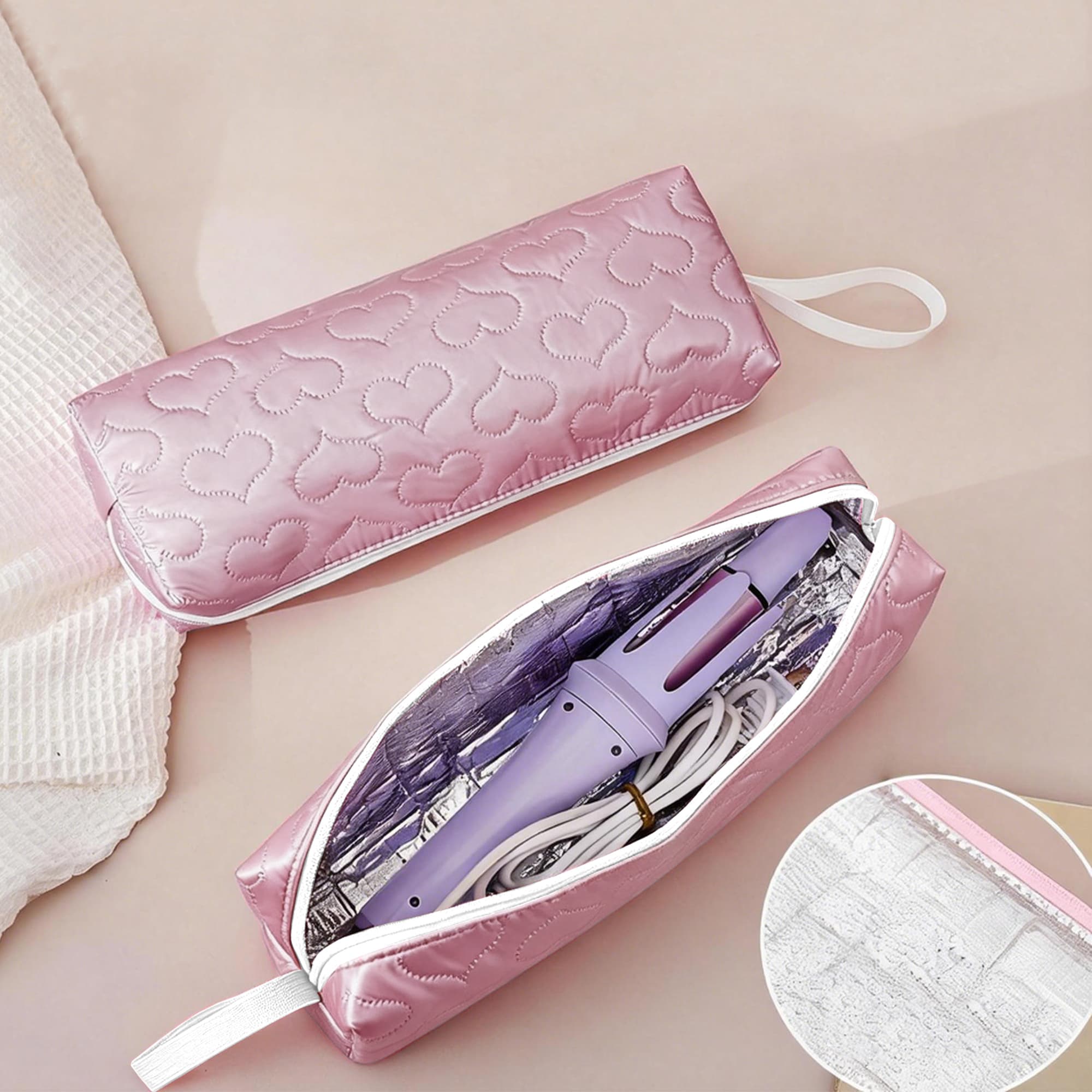 ReignSword Heat Resistant Hair Tools Travel Bag, Portable Storage Case Pouch with Heart Pattern for Curling Irons, Flat Irons, Hair Straighteners and Accessories (Peach Pink) - 7