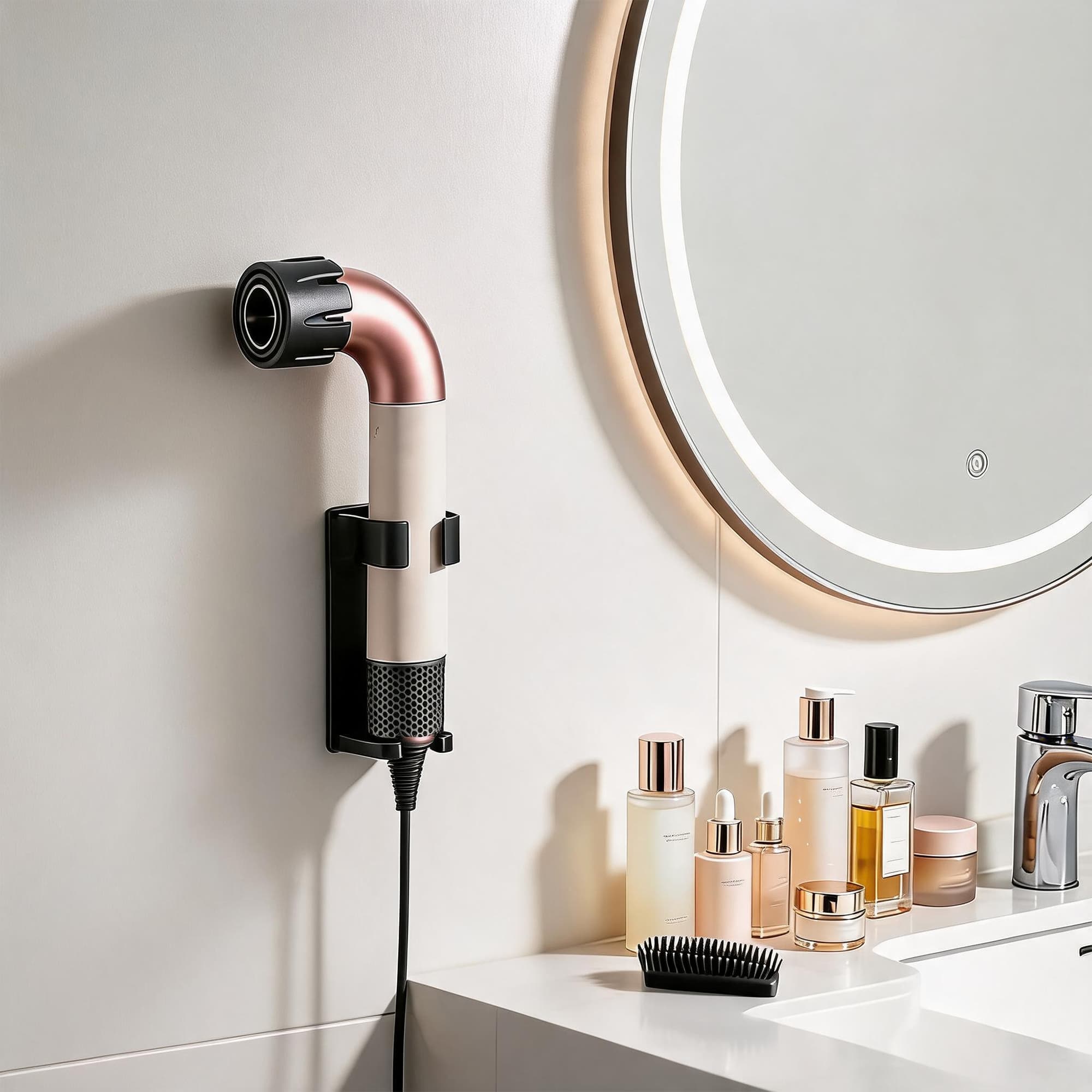 ReignSword Hair Dryer Wall Mount Holder Compatible with Dyson Supersonic r, Aluminum Self-Adhesive Bathroom Rack, Hair Styling Tools Organizer with Power Cord Storage, Fits 1.8" Inner Diameter, Black - 2