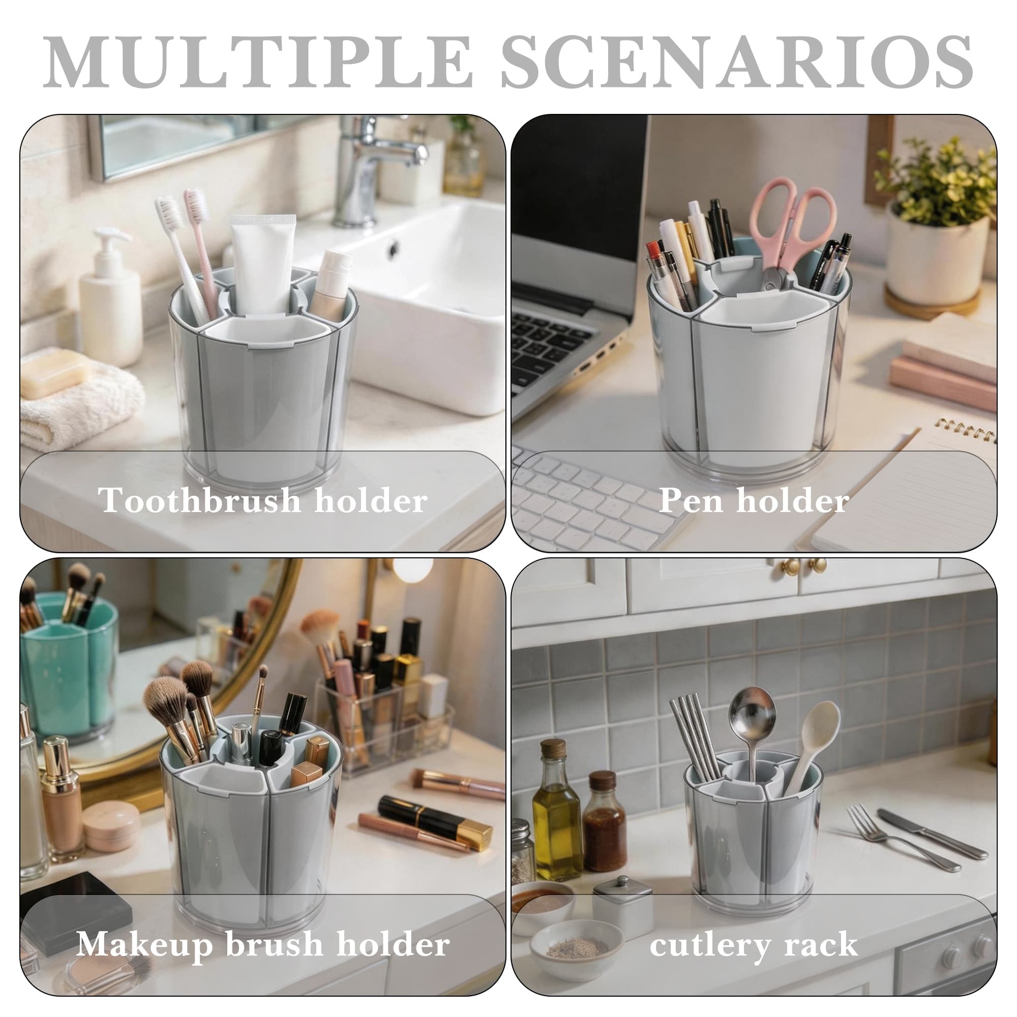 ReignSword 360° Rotating Pen Holder, Expandable 5-9 Slots Desk Organizer, Clear Detachable Pencil Cup Caddy, Aesthetic Desktop Supplies for Office Home (White) - 5