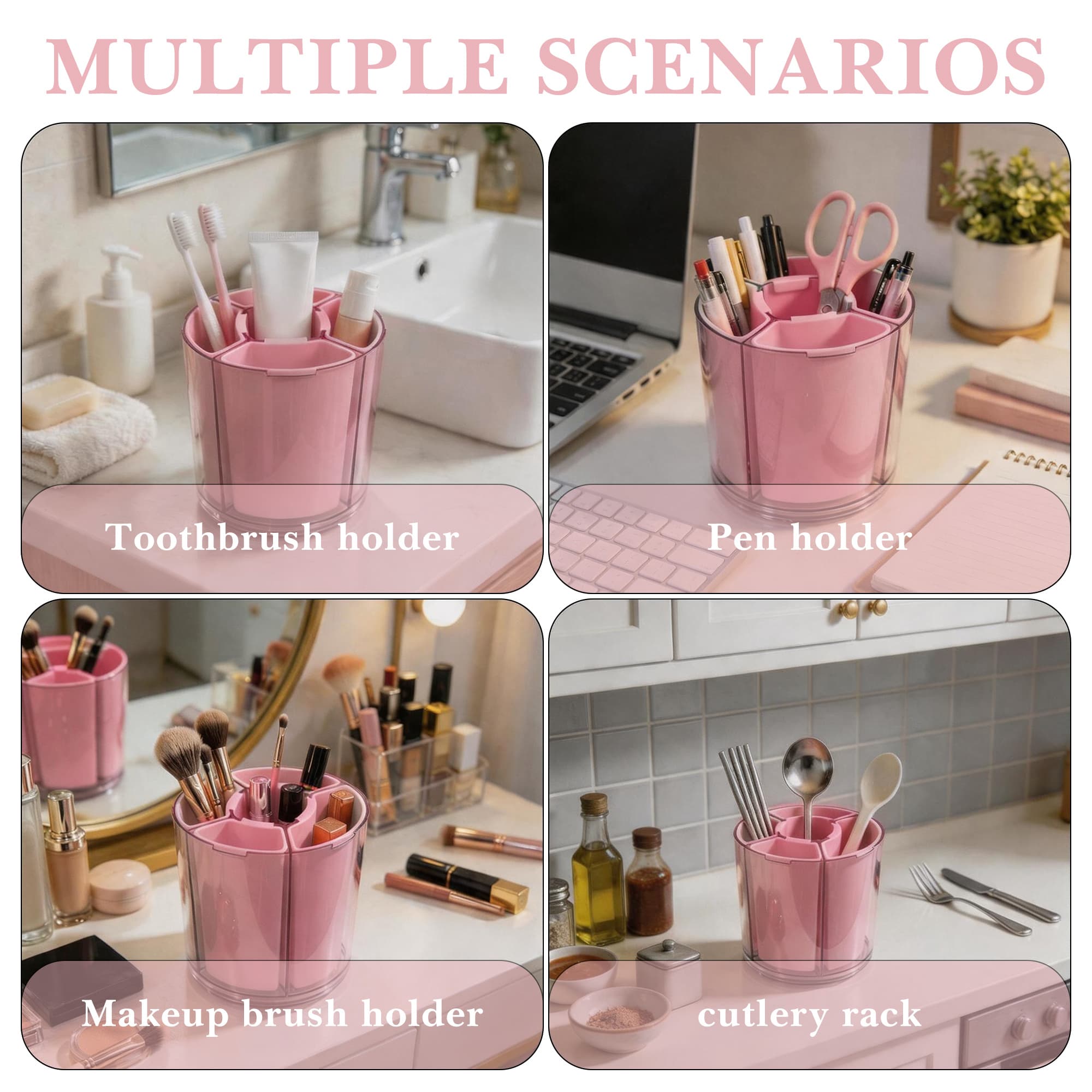 ReignSword 360° Rotating Pen Holder, Expandable 5-9 Slots Desk Organizer, Clear Detachable Pencil Cup Caddy, Aesthetic Desktop Supplies for Office Home (Pink) - 5