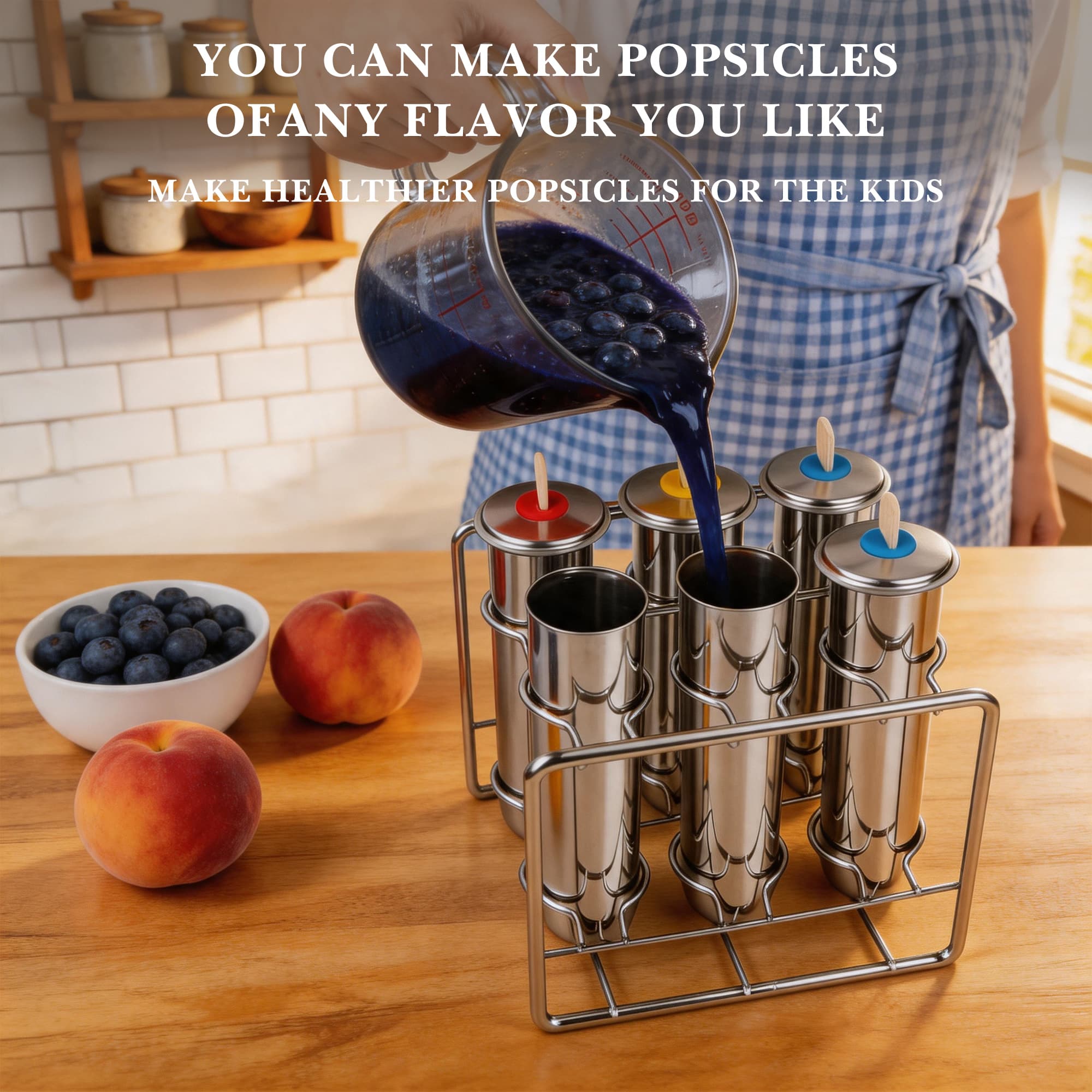ReignSword 304 Stainless Steel Popsicle Molds, Set of 6 Reusable Ice Pop Molds with Holder, Complete Kit with Sticks & Bags, Homemade Ice Cream Maker for Freezer - 6