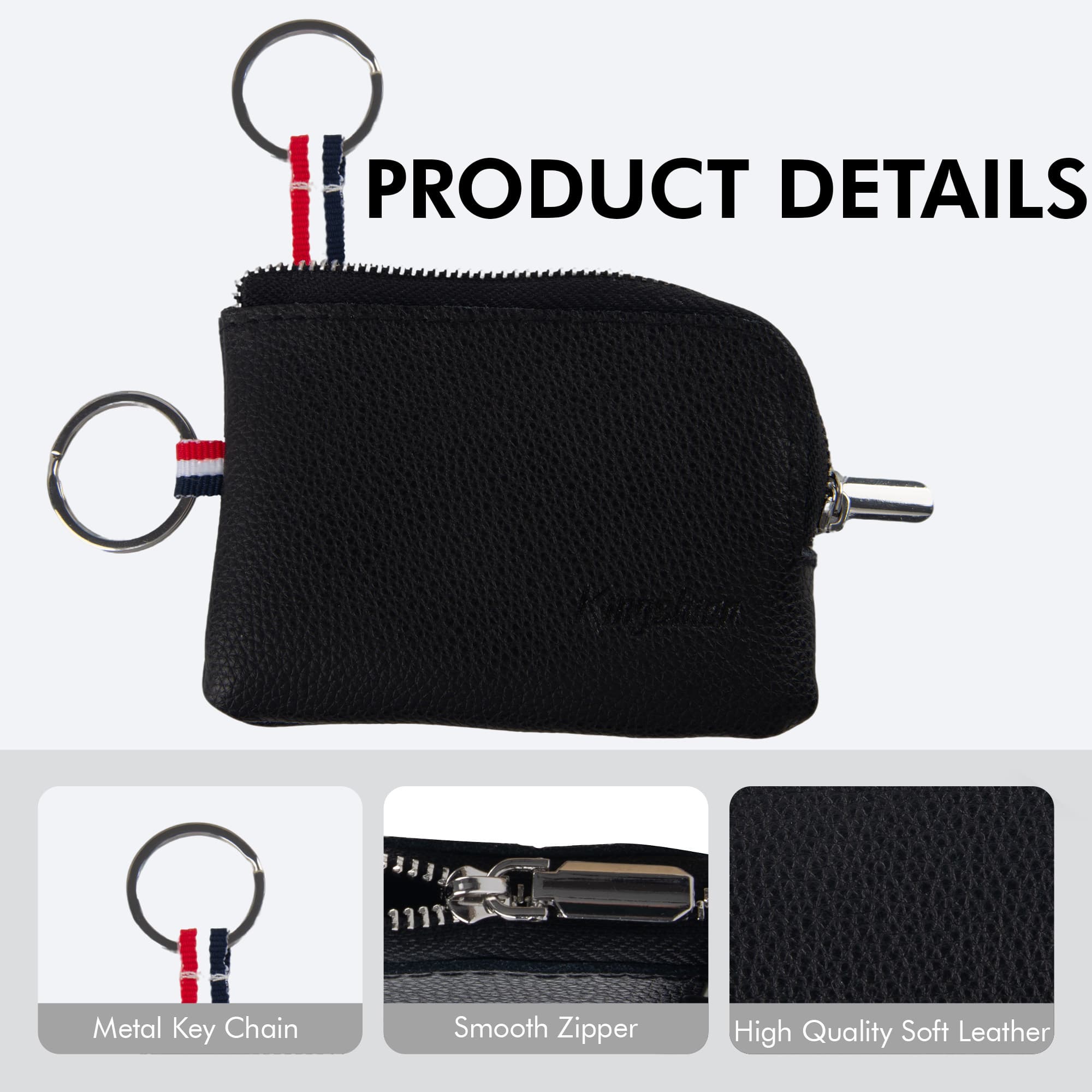 Genuine Leather Mini Coin Purse Keychain, Small Change Pouch Wallet with Clip Ring and Inner Key Holder, Compact Coin Wallet for Keys, Coins, Cash (Black) - 2