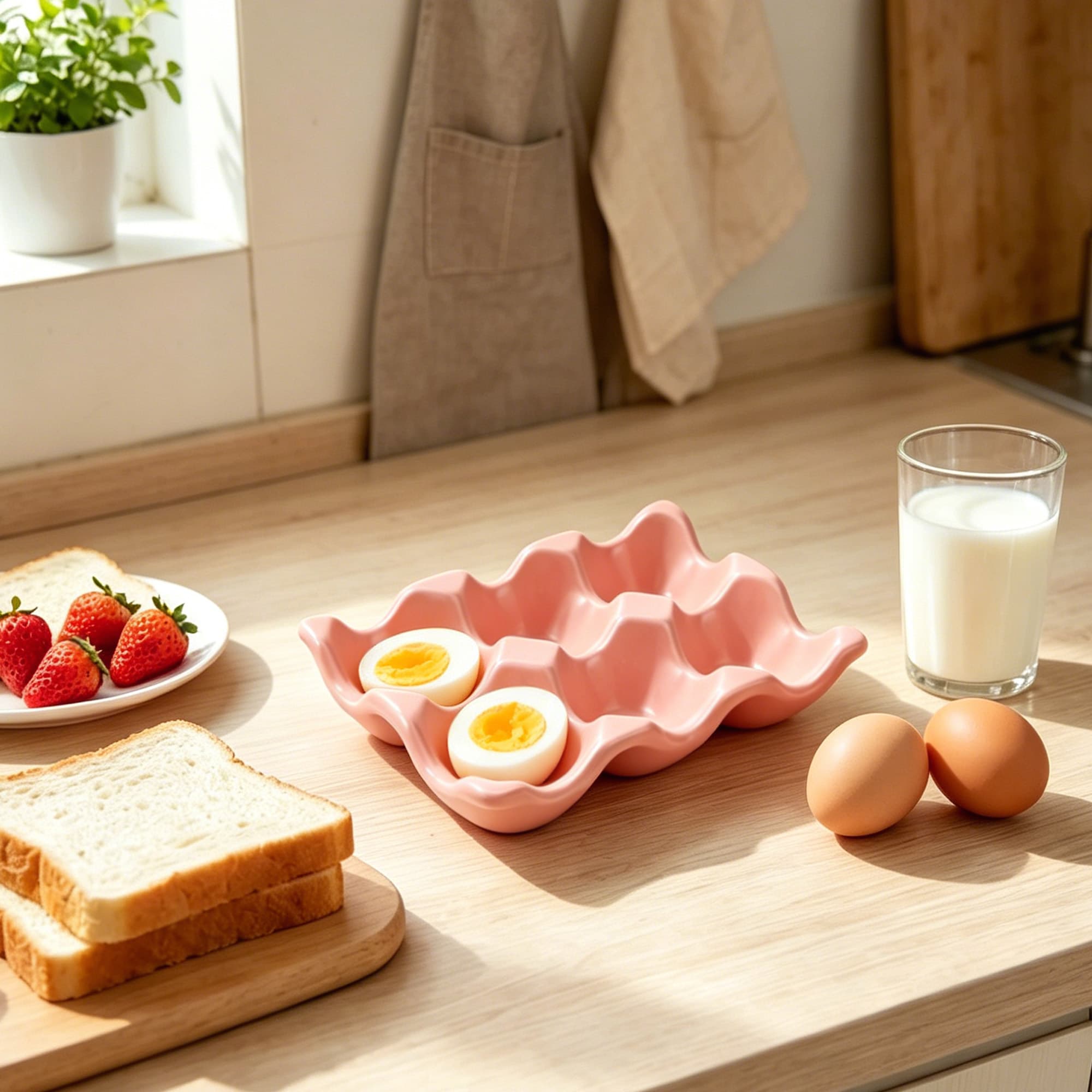 JANKINGS Ceramic Egg Holder Trays, 2-Pack Pink, 6-Slot Each (12 Eggs Total) — Countertop & Fridge Egg Cups Organizer - 4