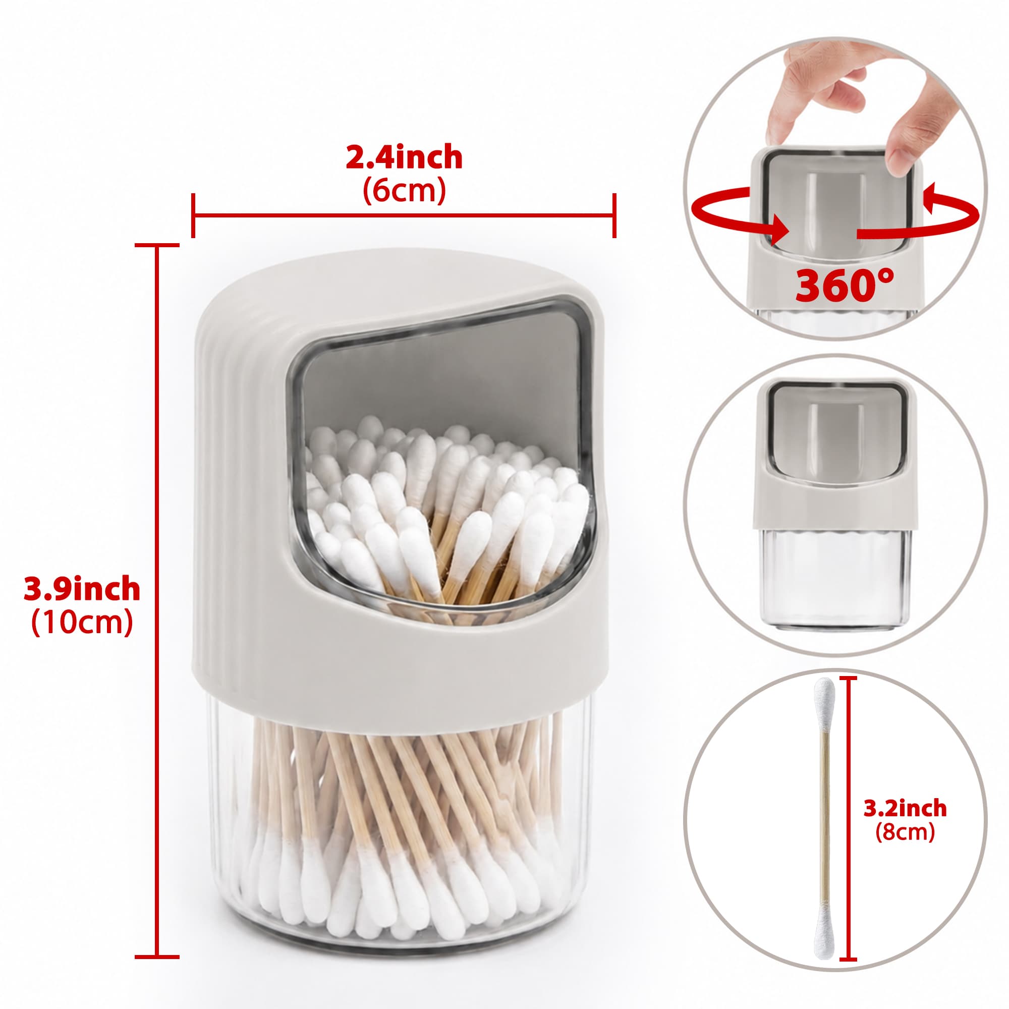 ReignSword 2 Pack Qtip Holder Dispenser with Rotating Lid, Clear Cotton Swab Holder Plastic Container, Bathroom Jar Organizer for Cotton Swabs, Balls, Pads, Dental Floss (Off-White & Light Gray) - 3
