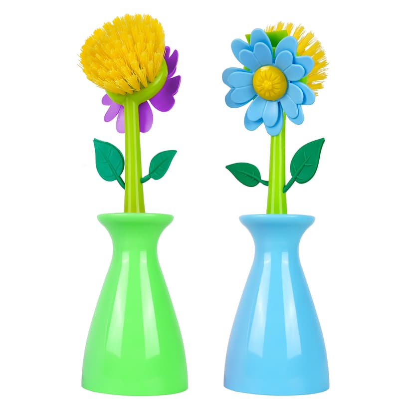 JANKOW Long Handle Vegetable And Fruit Brush, Florganic Dish Brush with Vase, Long Handle Dish Brush Kitchen, for Cleaning Pot Pan Sink Kitchen Supplies Decorative Vase (2 Pcs) (Green/Blue)